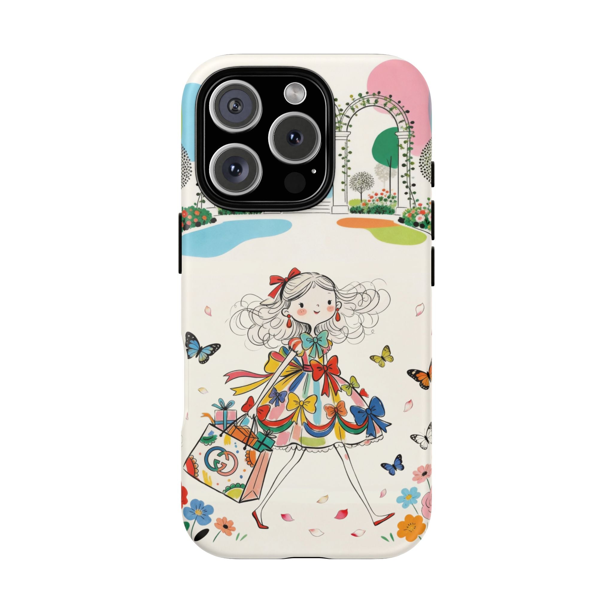 Whimsical Shopping Girl iPhone Case | Cute Floral Butterfly Tough Case