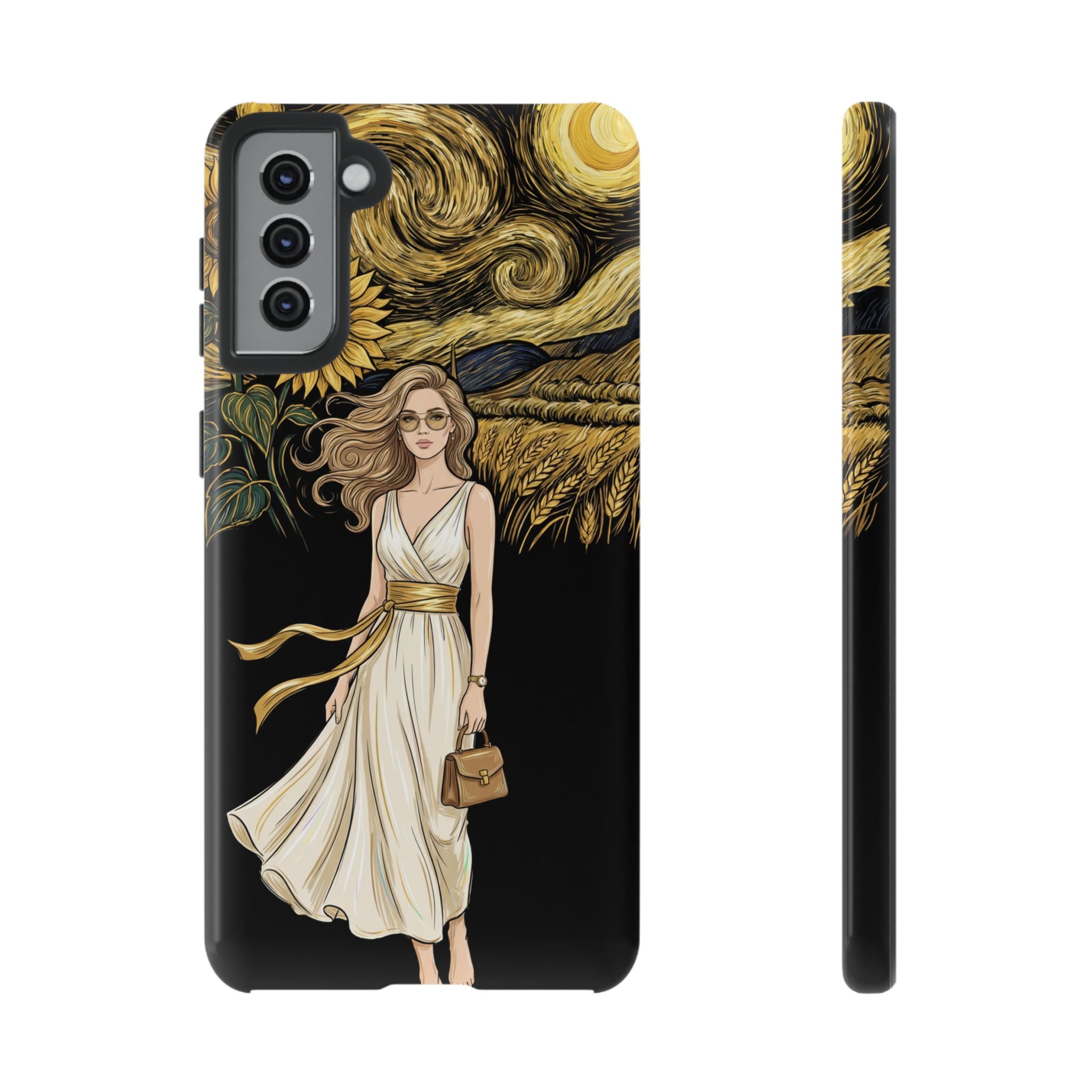 Sunflower Night Samsung Galaxy Phone Case | Woman in Flowing Dress Van Gogh Style