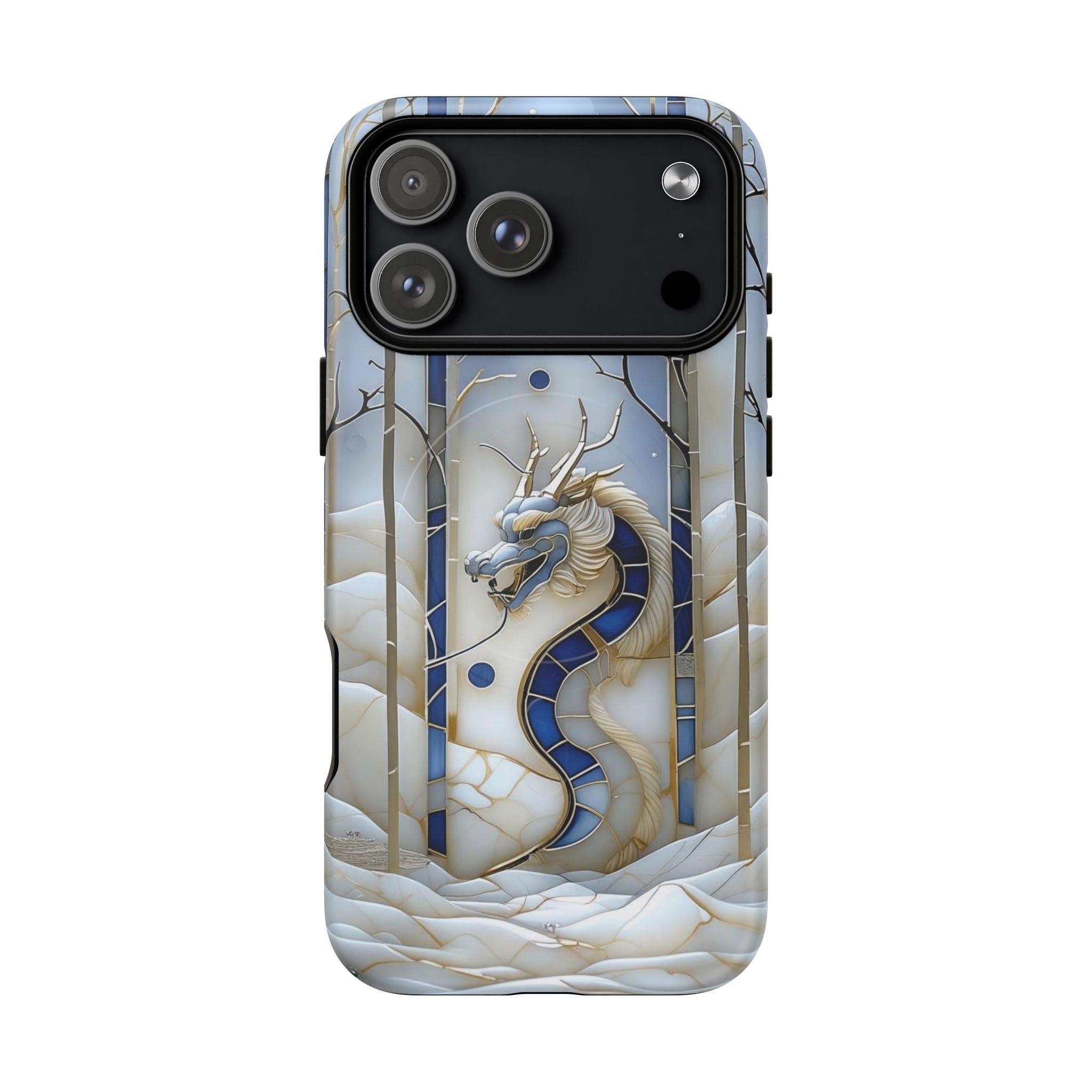 Dragon Stained Glass Tough MagSafe Phone Case — Blue & Ivory Medieval Art