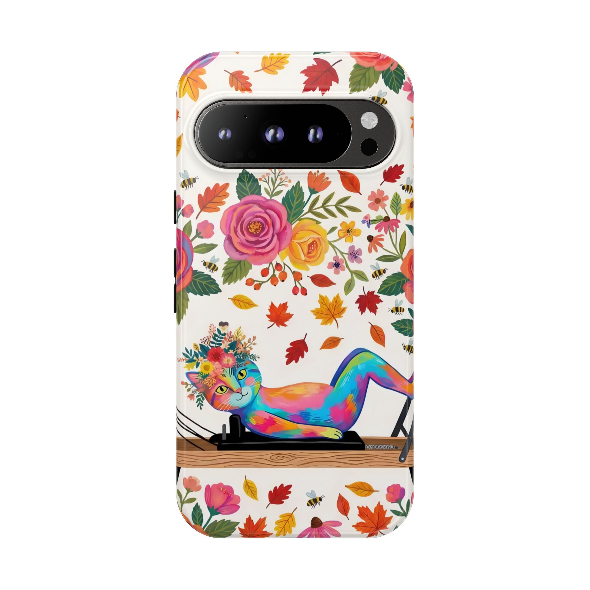 Autumn Floral Pilates Google Pixel Phone Case | Colorful Rainbow Pilates Cat on Falling Leaves
