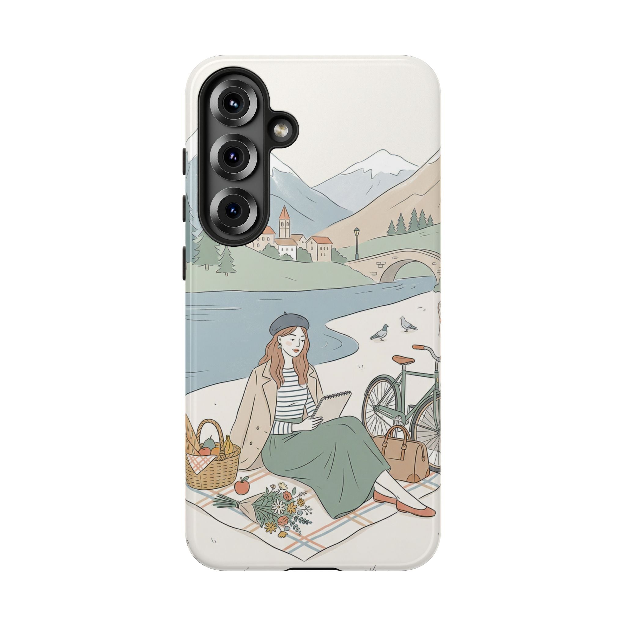 Scenic Picnic Samsung Galaxy Phone Case | Vintage Bicycle & Mountain Illustration