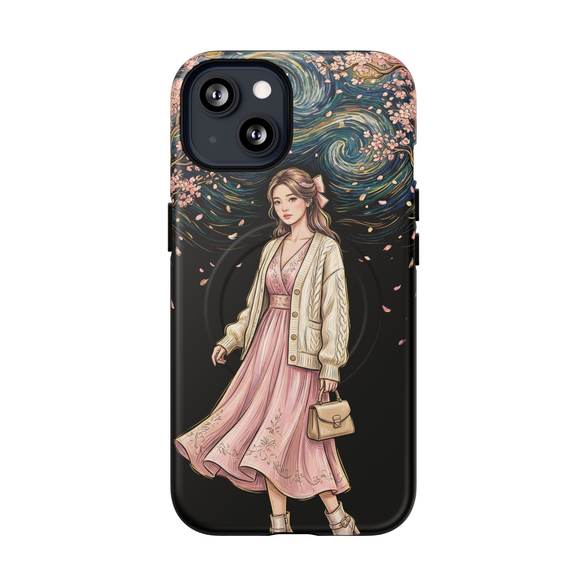 Floral Starry Night MagSafe iPhone Case | Elegant Girl in Pink Dress