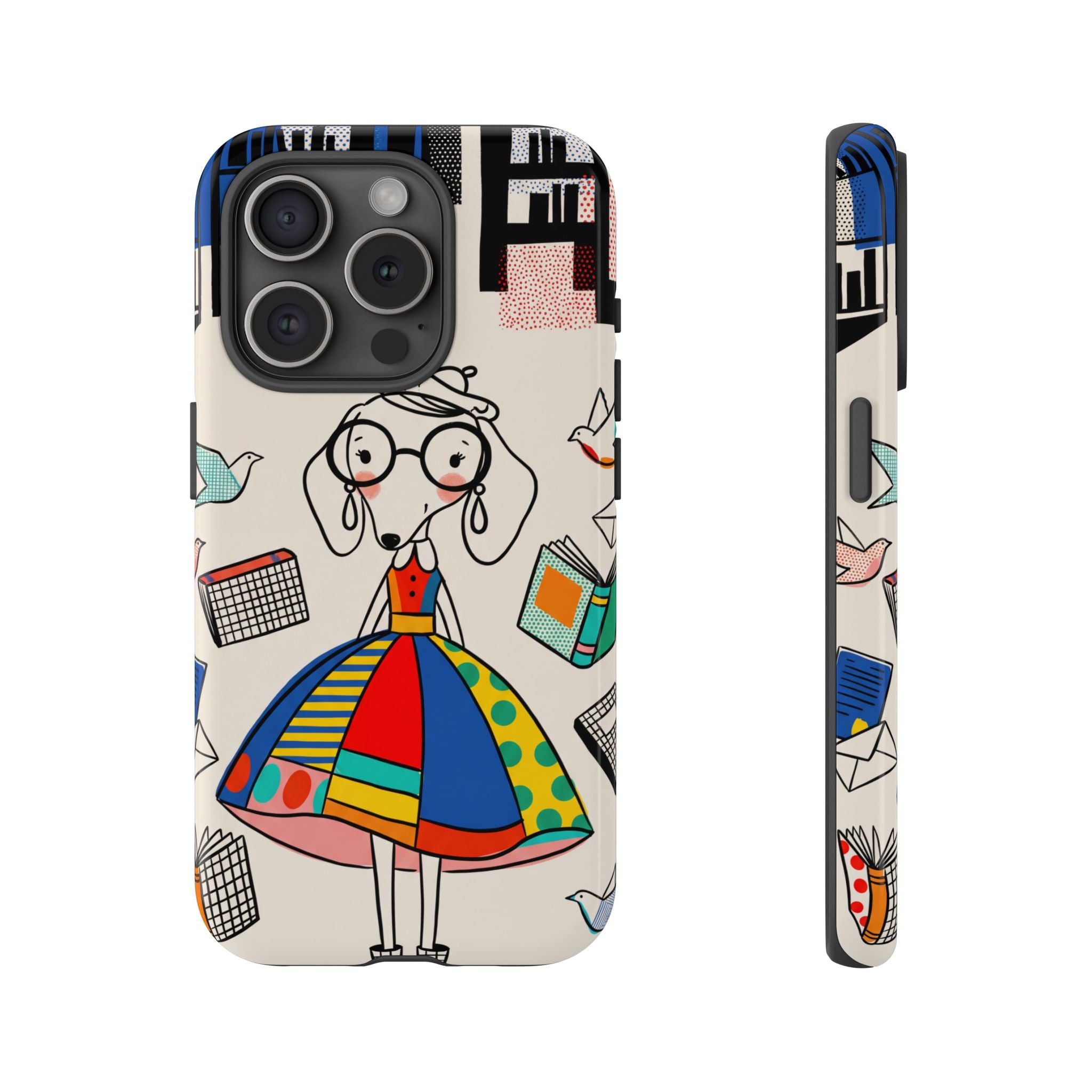 Cute Dachshund Dog Illustration iPhone Case | Colorful Whimsical Book & Bird Design