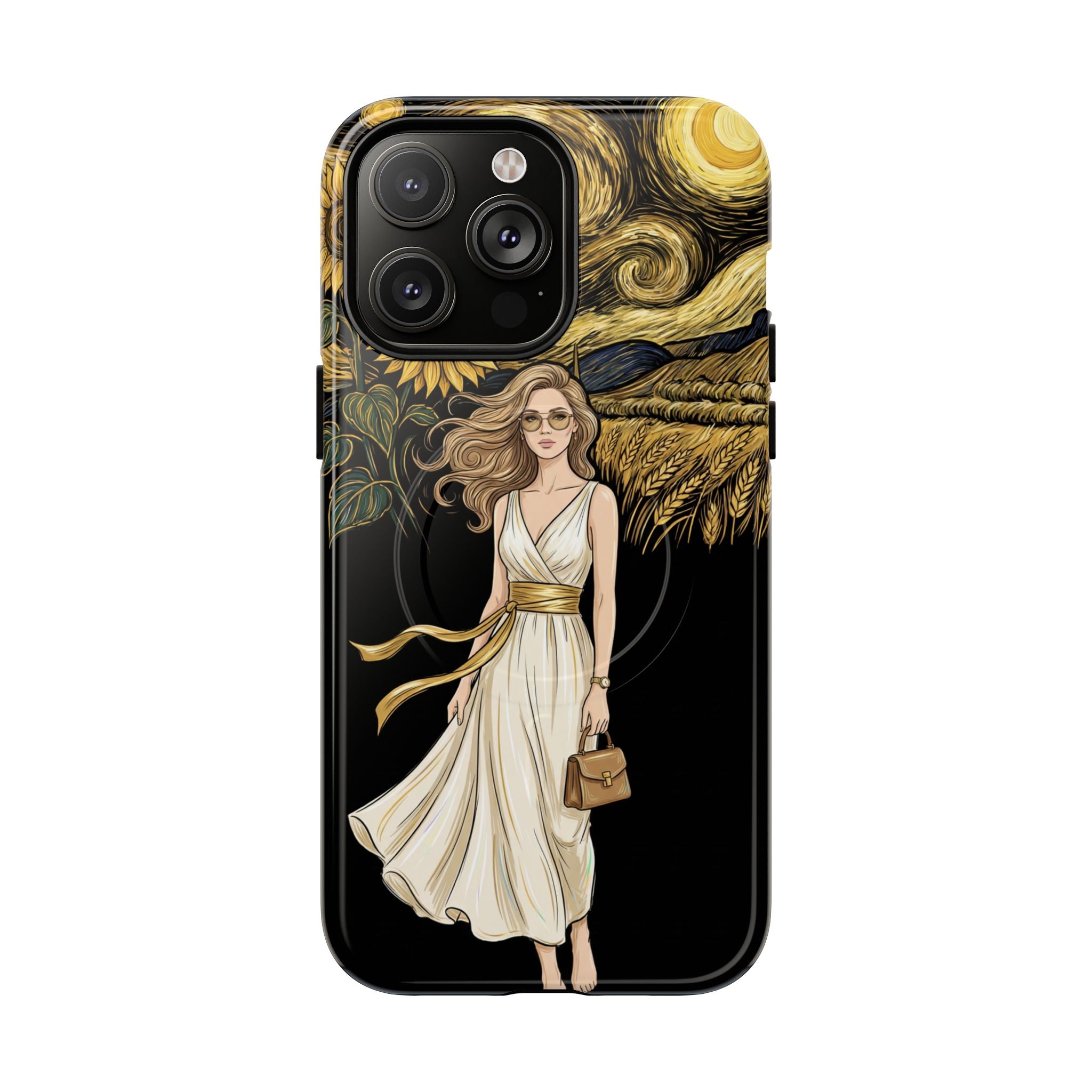 Sunflower Night MagSafe iPhone Case | Woman in Flowing Dress Van Gogh Style