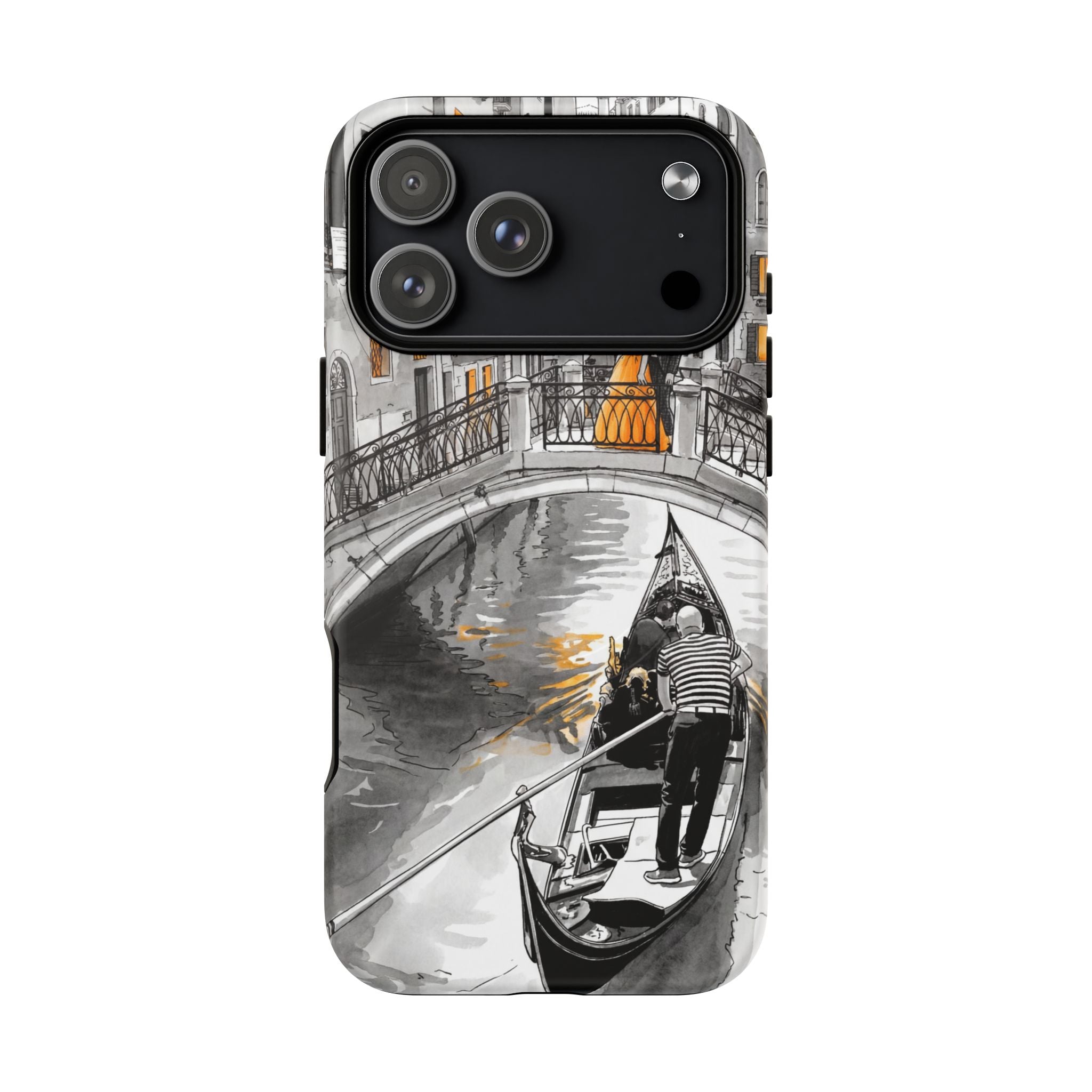 Custodia per iPhone Gondola di Venezia | Custodia MagSafe resistente con motivo schizzo in bianco e nero e dettagli dorati