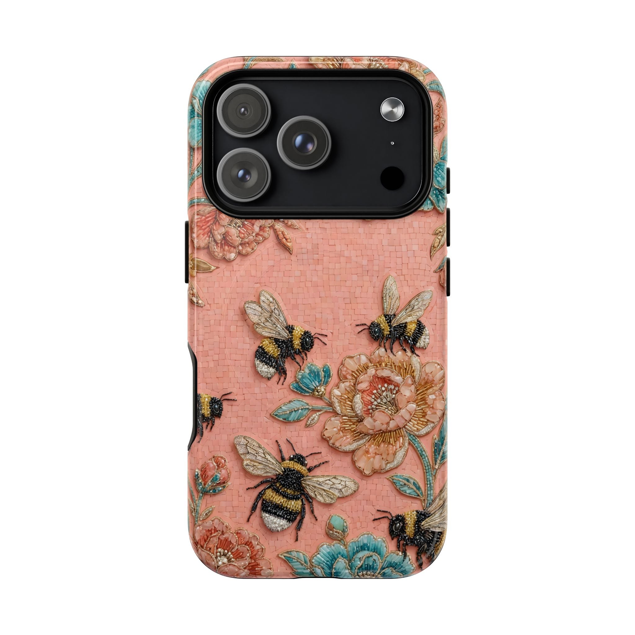 Floral Bee Tough MagSafe iPhone Case | Vintage Pink Garden Protective Cover