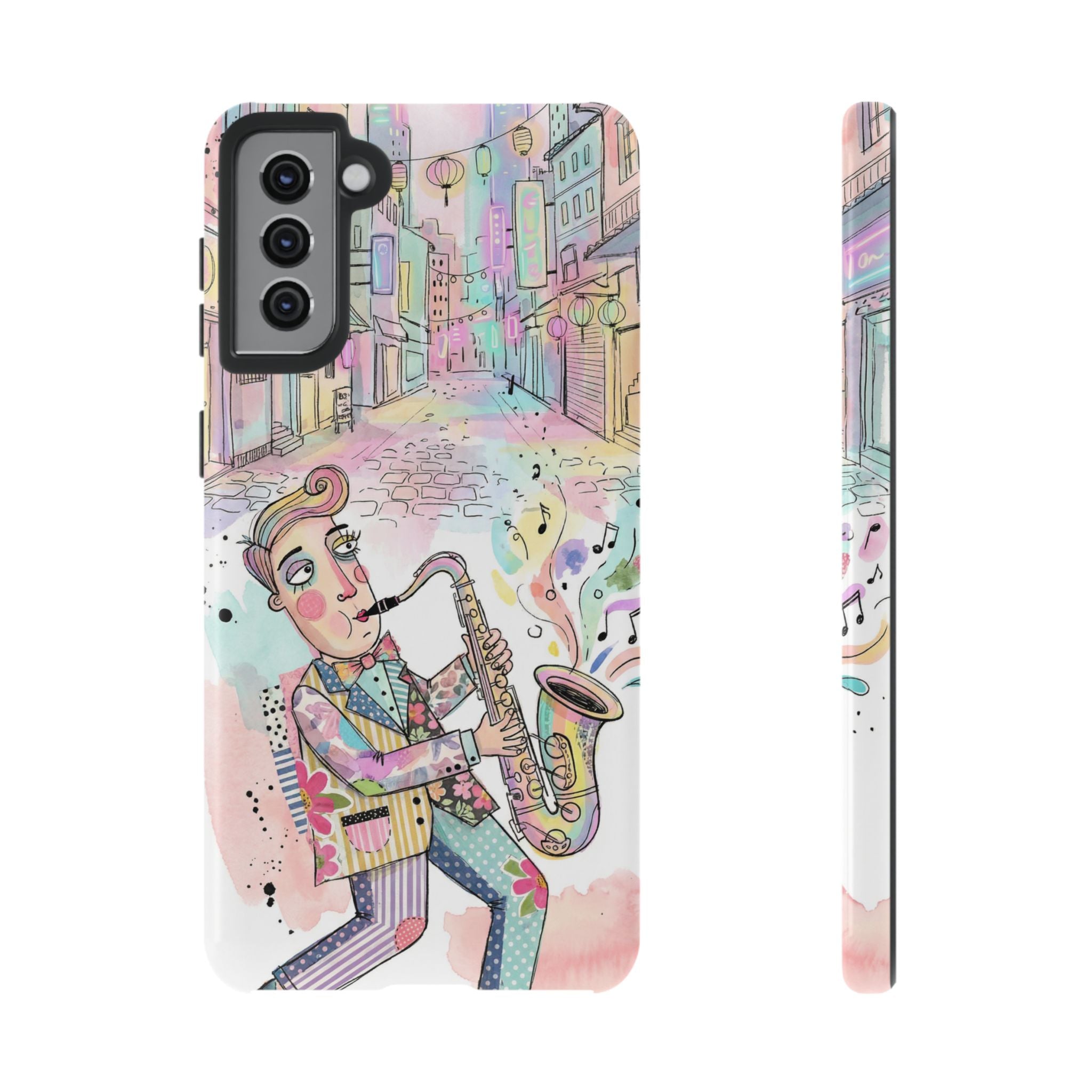 Sax Player Art Samsung Galaxy Phone Case | Pastel Jazz Street Illustration