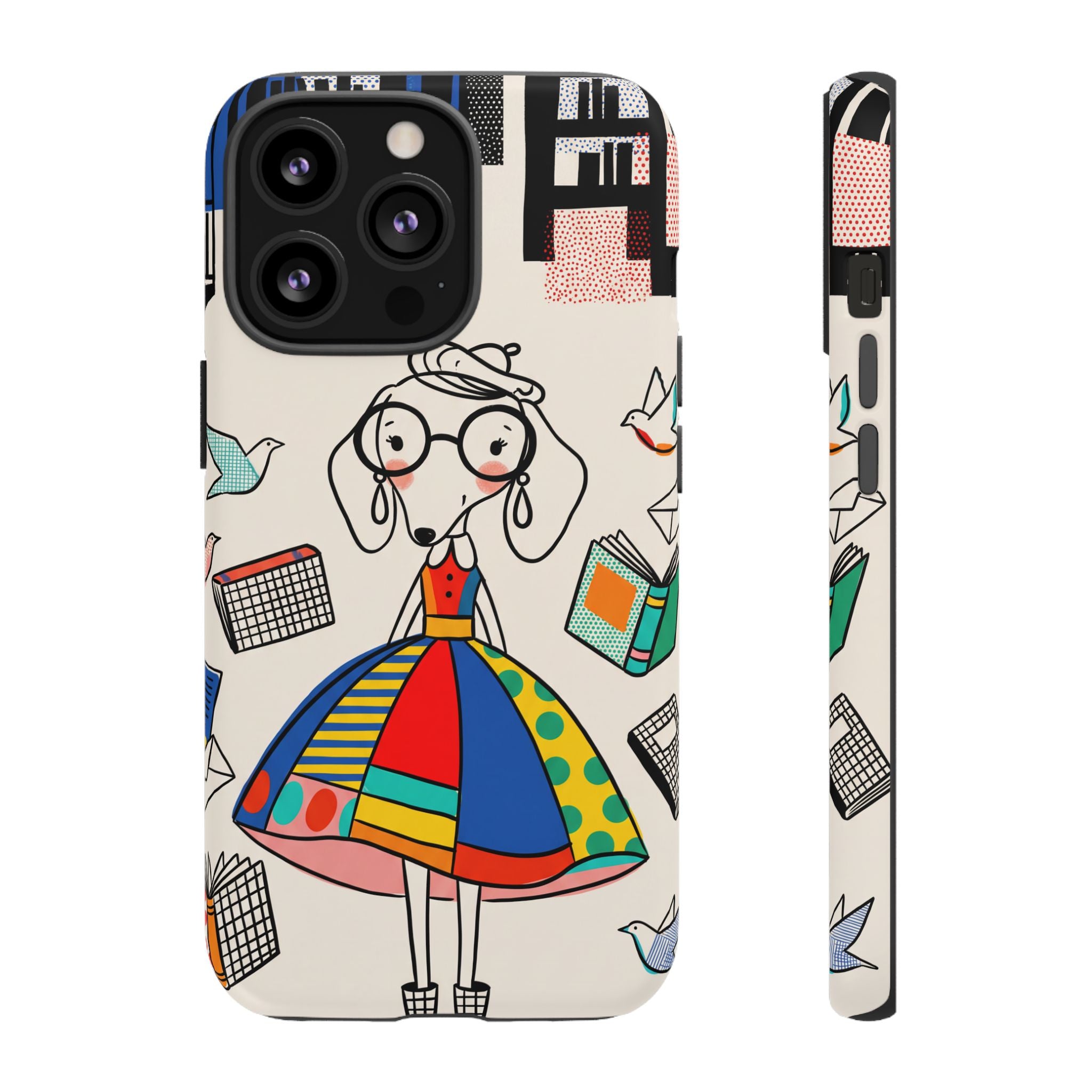 Cute Dachshund Dog Illustration iPhone Case | Colorful Whimsical Book & Bird Design