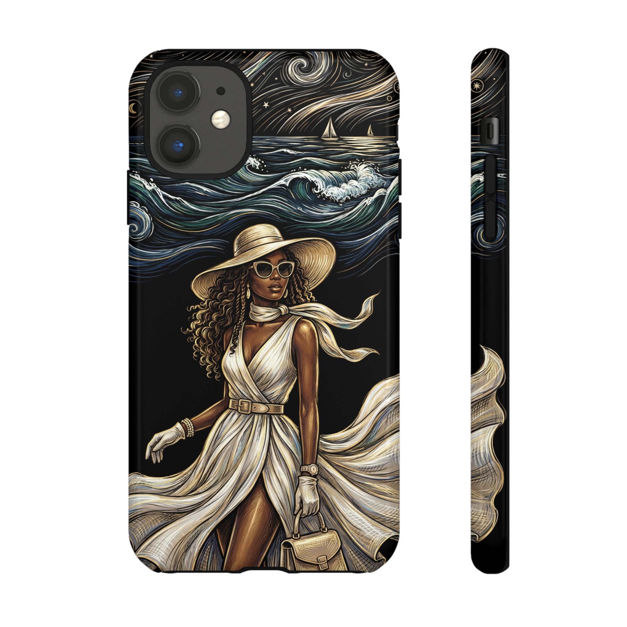iPhone Case | Elegant Black Woman in Flowing Dress by the Sea
