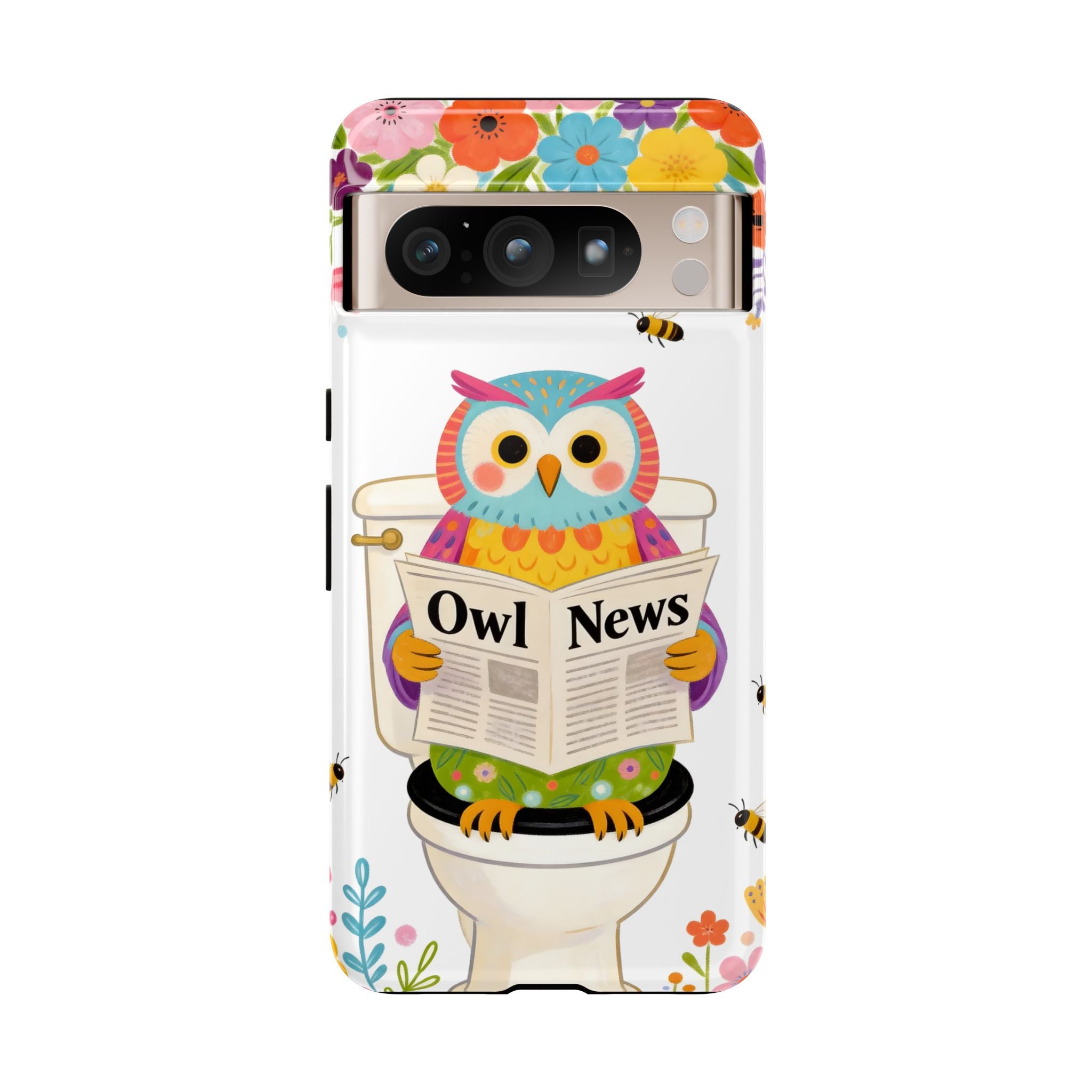 Owl News Floral Google Pixel Phone Case | Cute Owl Reading Newspaper on Toilet