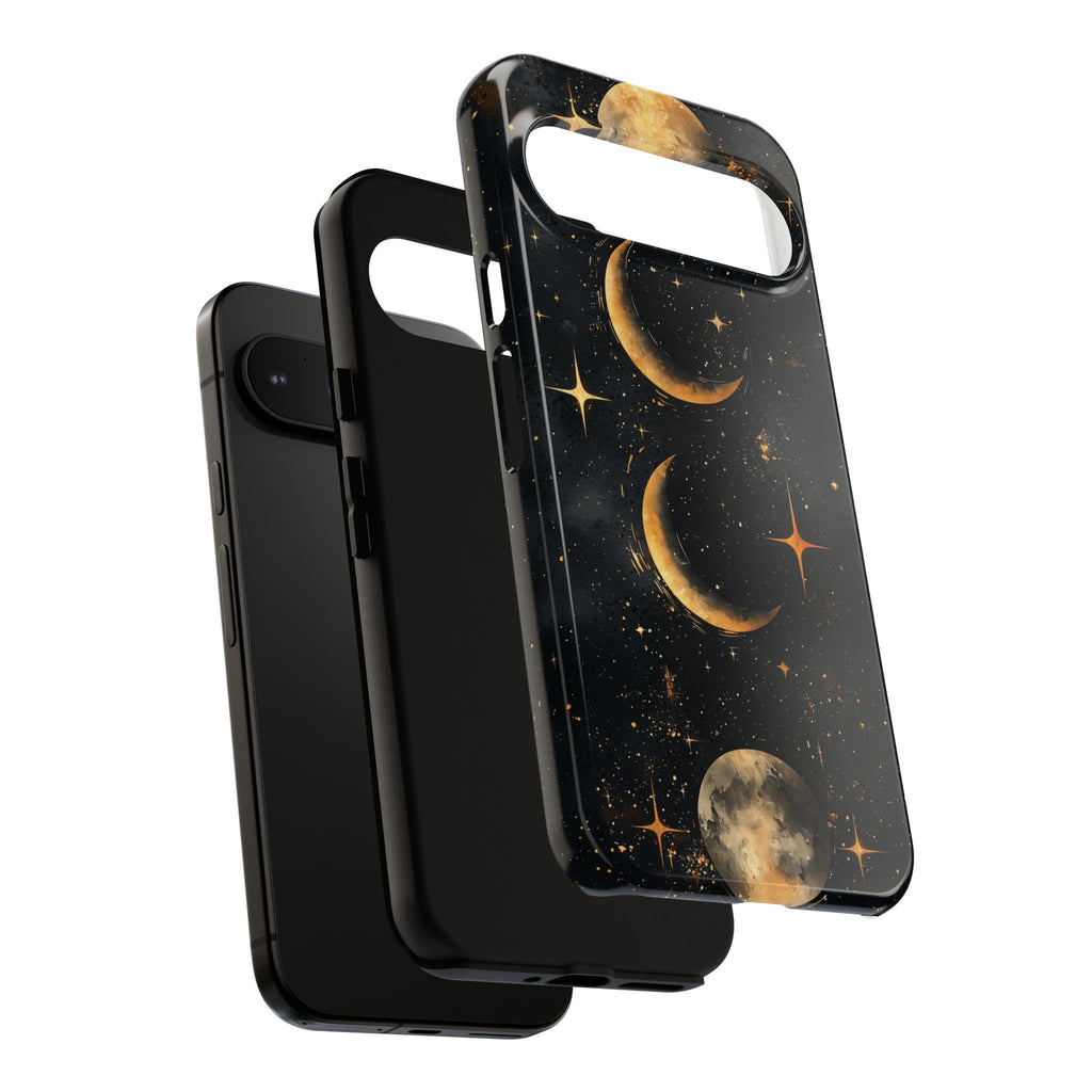 Celestial Moon Phases Tough Google Pixel Case | Gold Crescent & Full Moon Galaxy Design