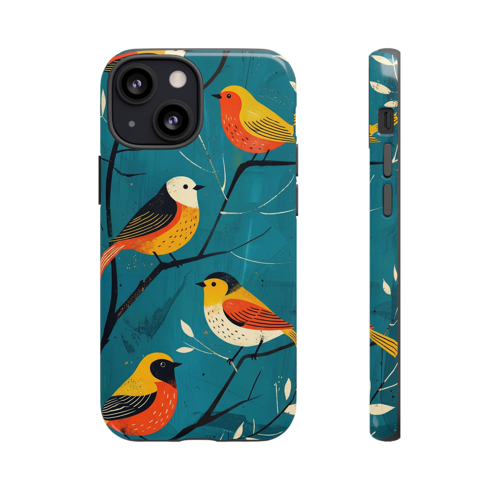 Bird Pattern Tough iPhone Case | Colourful Songbirds on Teal Background