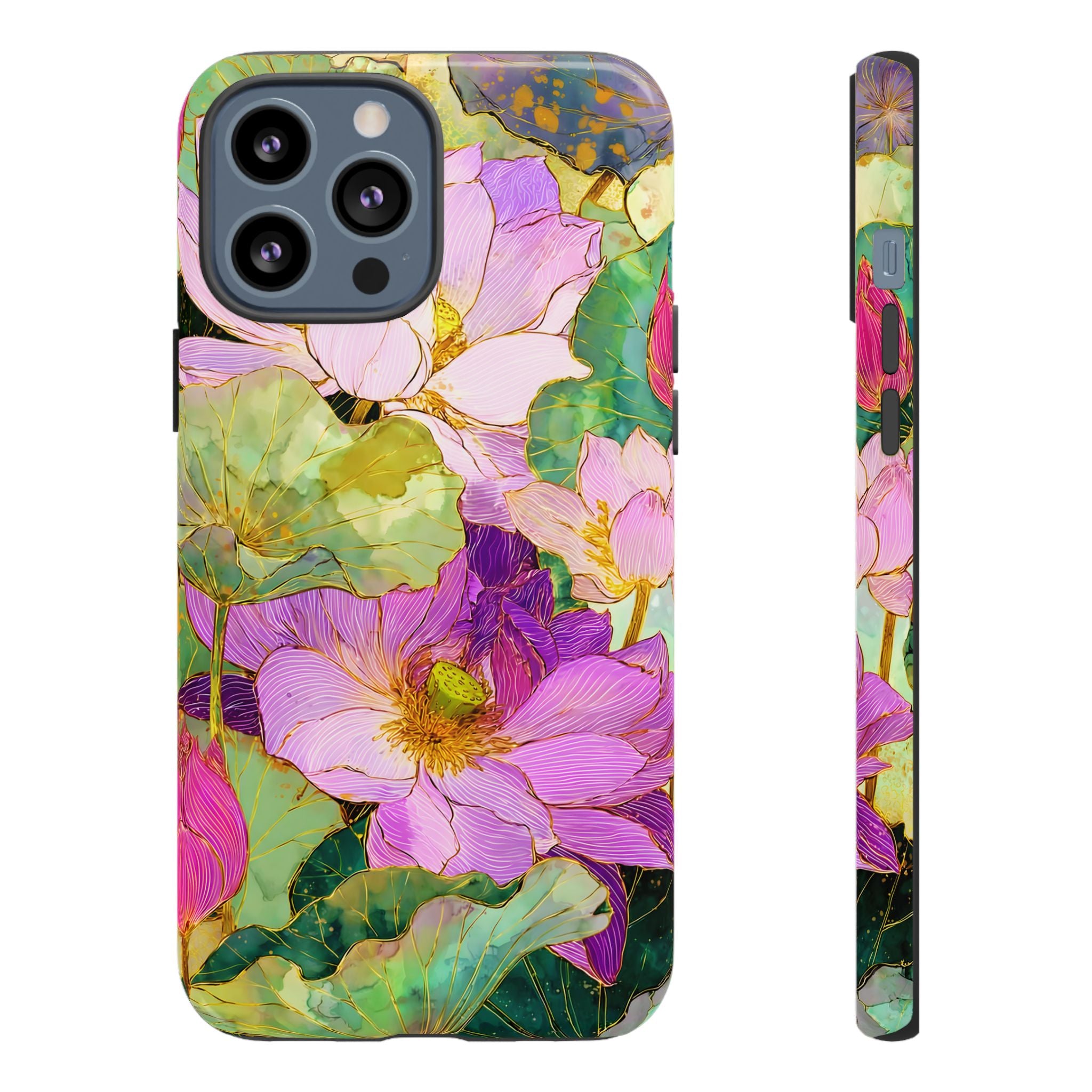 Floral Watercolor Tough iPhone Case | Pink Lotus Garden Protective Cover