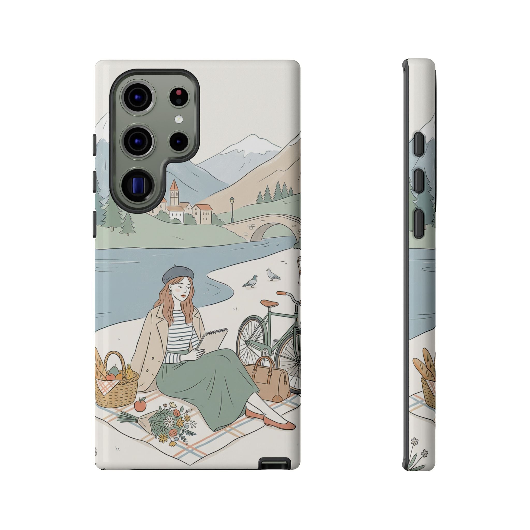 Scenic Picnic Samsung Galaxy Phone Case | Vintage Bicycle & Mountain Illustration