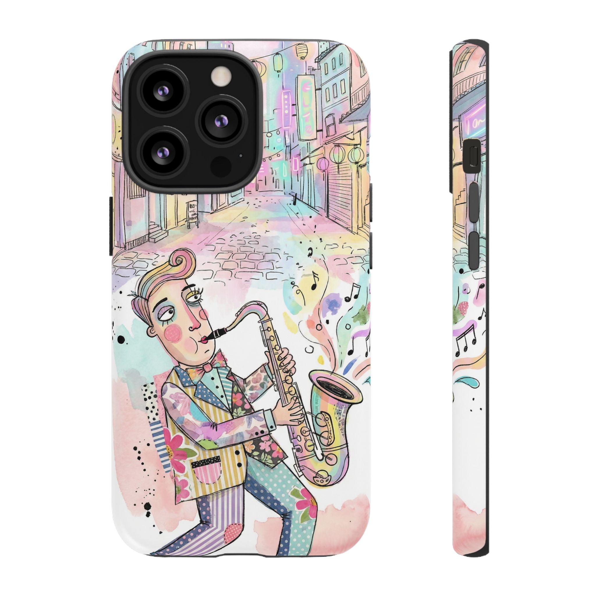 Sax Player Art iPhone Case | Pastel Jazz Street Illustration