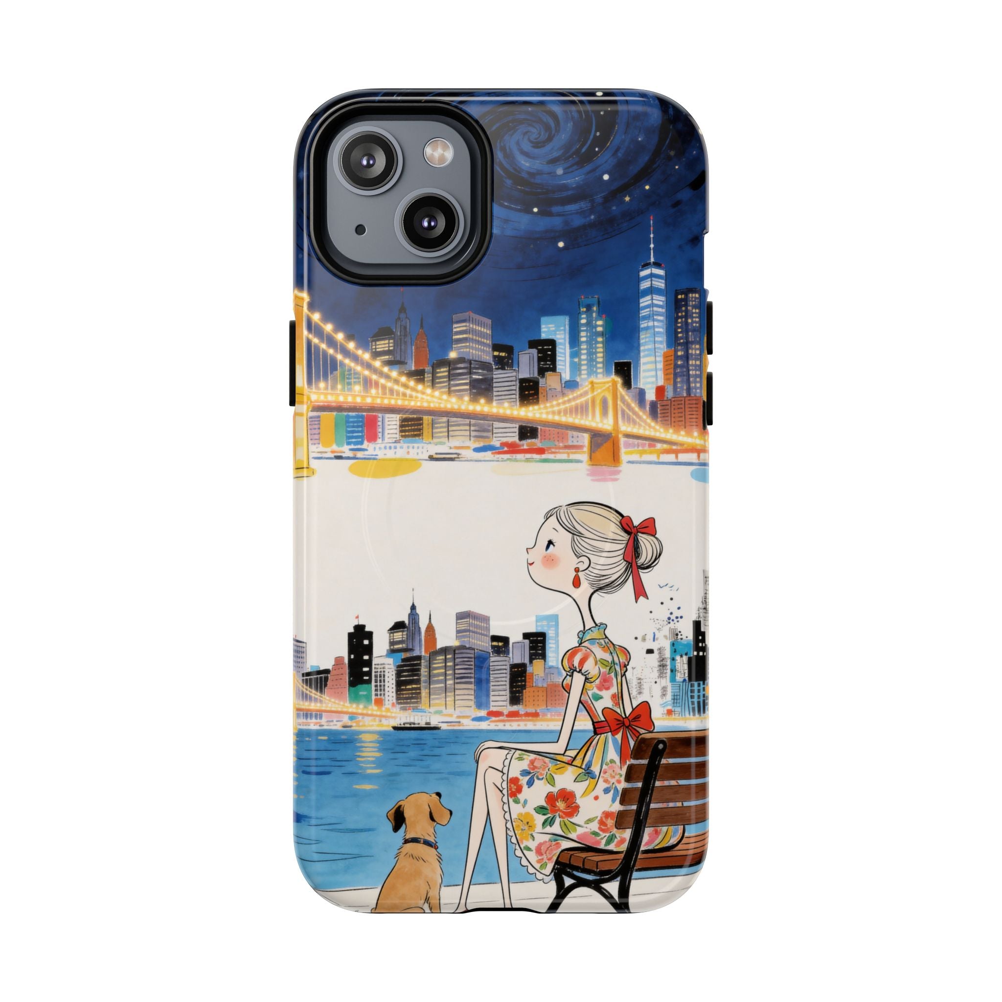 City Night MagSafe iPhone Case | Cute Girl & Dog Bench Illustration