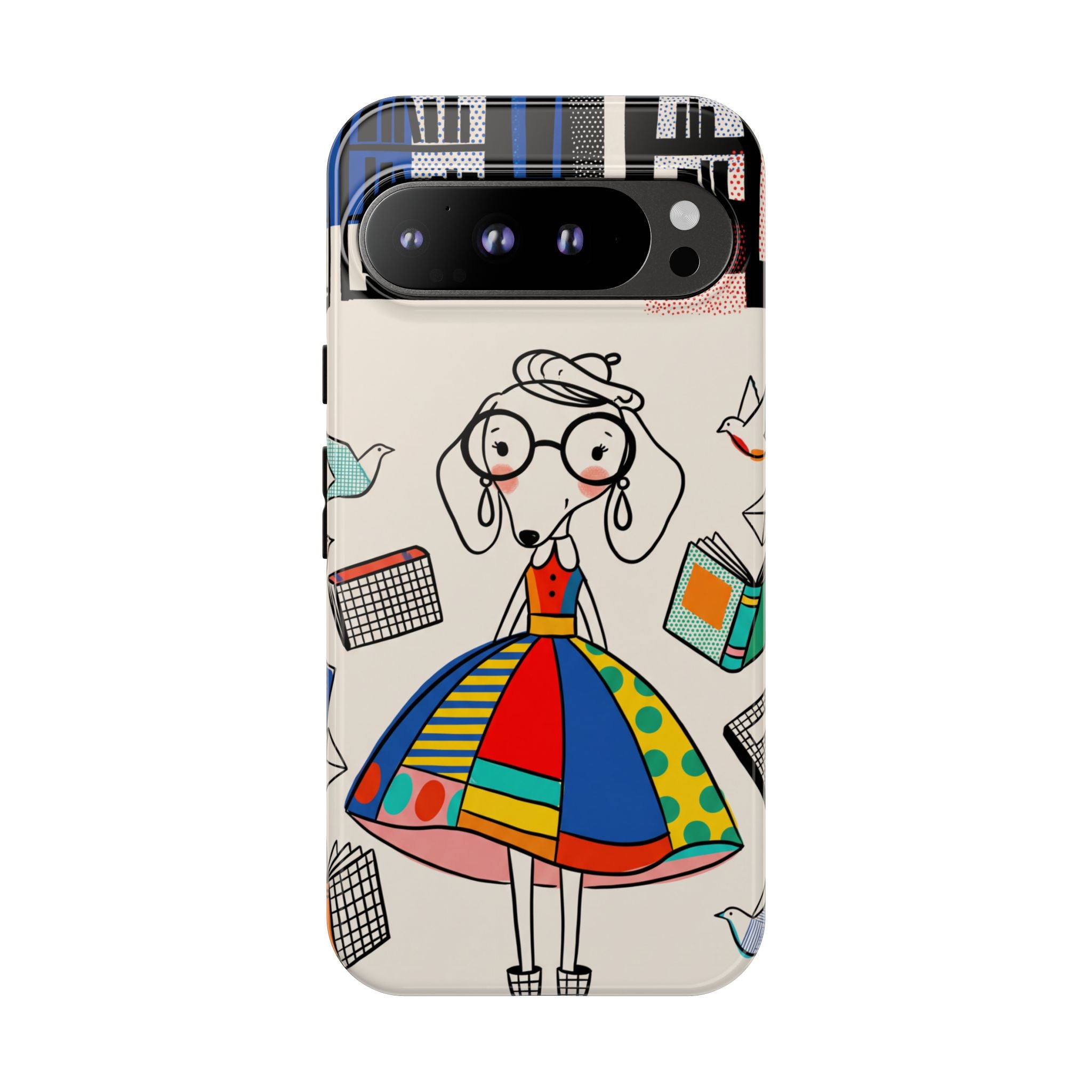 Cute Dachshund Dog Illustration Google Pixel Phone Case | Colorful Whimsical Book & Bird Design