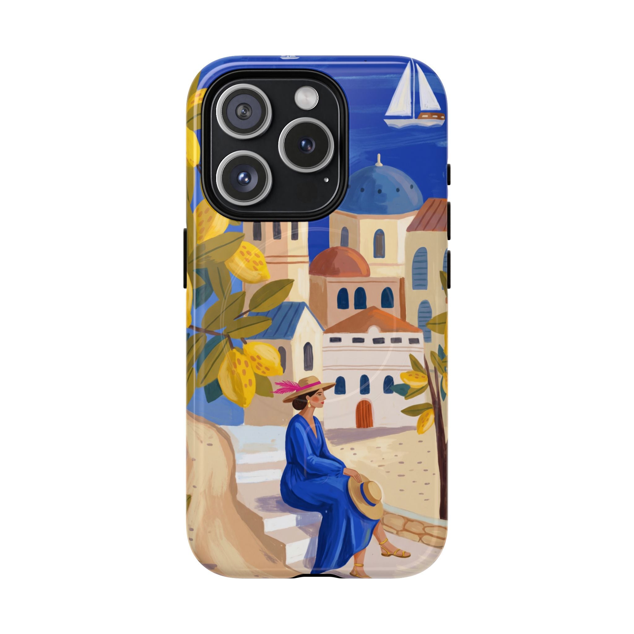 Mediterranean Village MagSafe iPhone Case | Scenic Sailboat & Lemon Grove Design