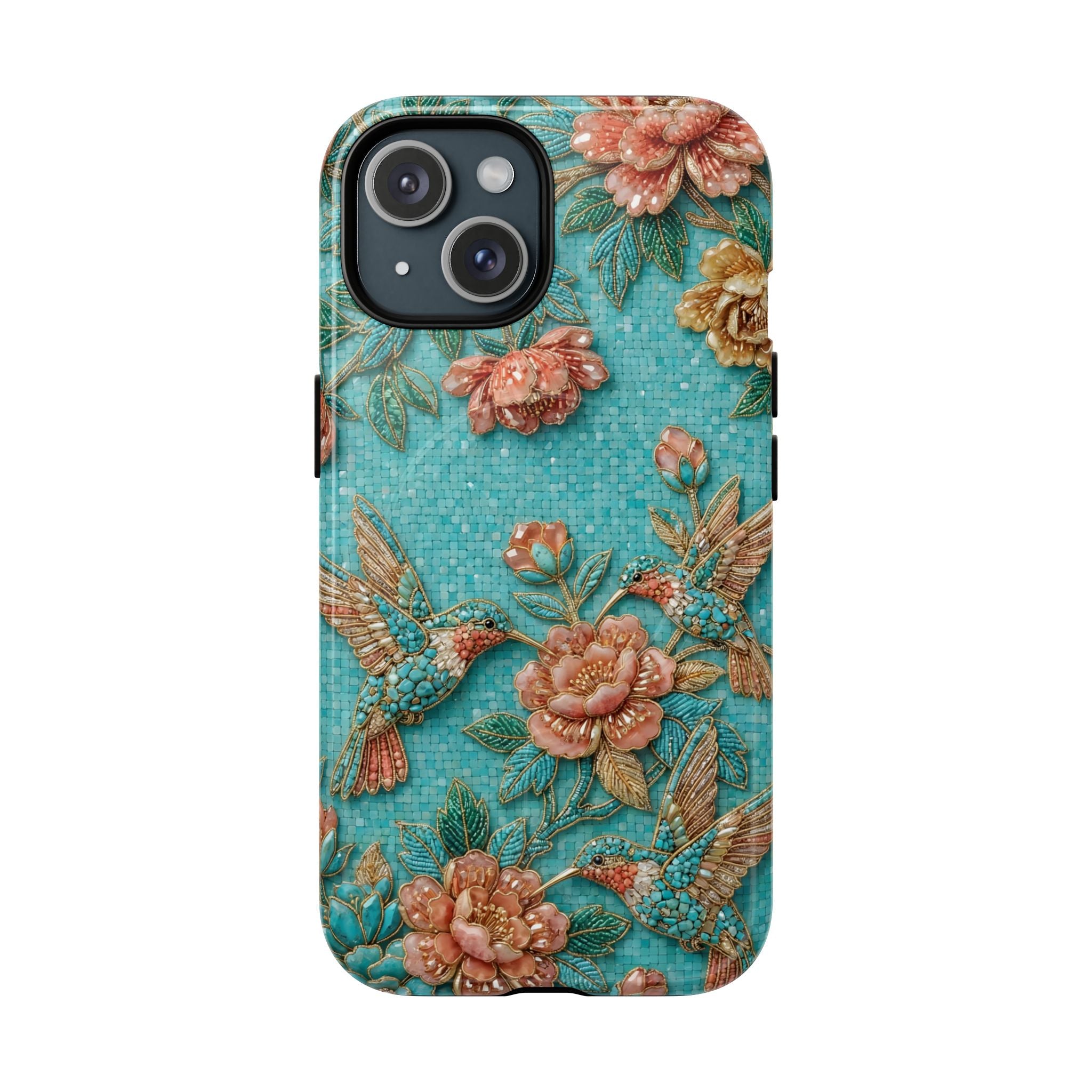 Floral Hummingbird Tough MagSafe iPhone Case | Turquoise Embroidered Garden Design