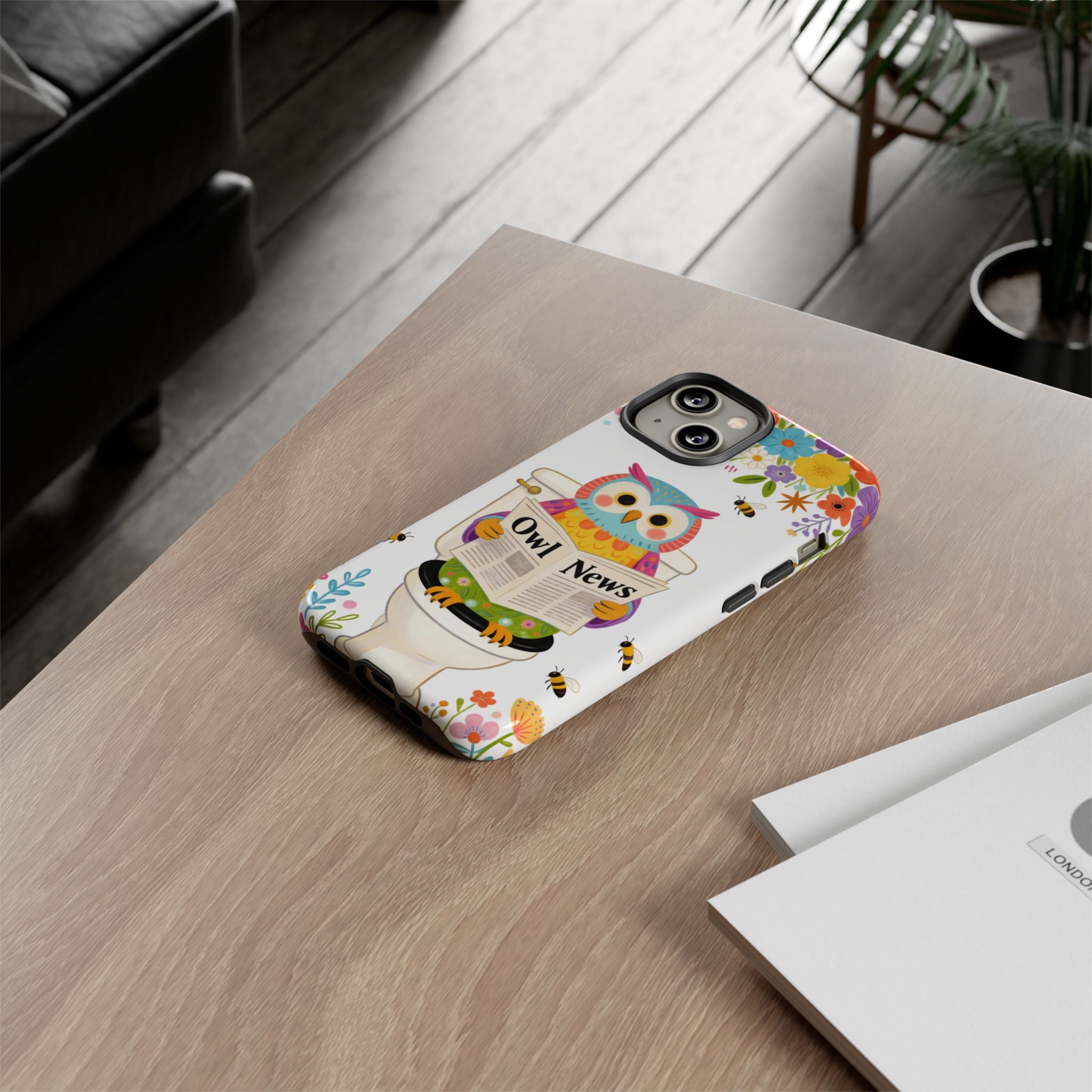 Owl News Floral iPhone Case | Cute Owl Reading Newspaper on Toilet