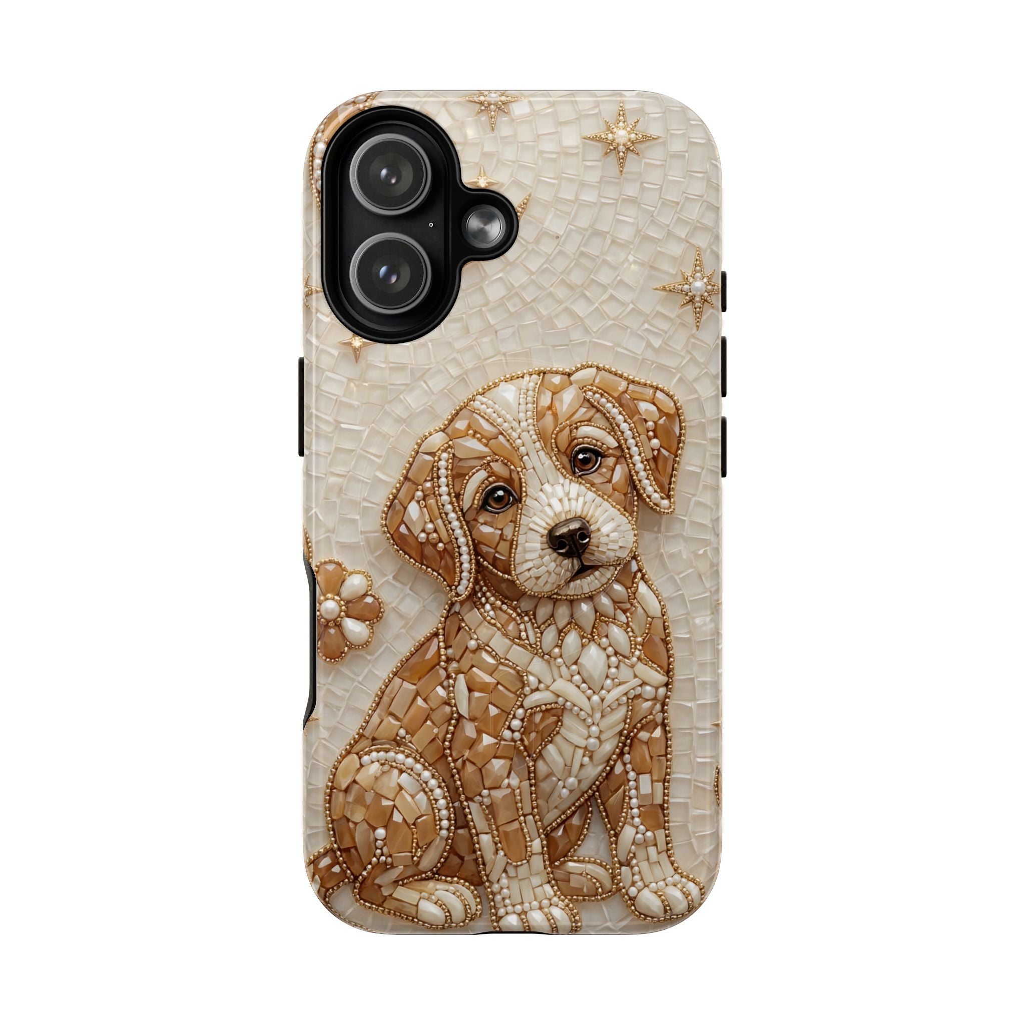 Cute Mosaic Puppy MagSafe iPhone Case — Protective Phone Cover with Brown Puppy Art