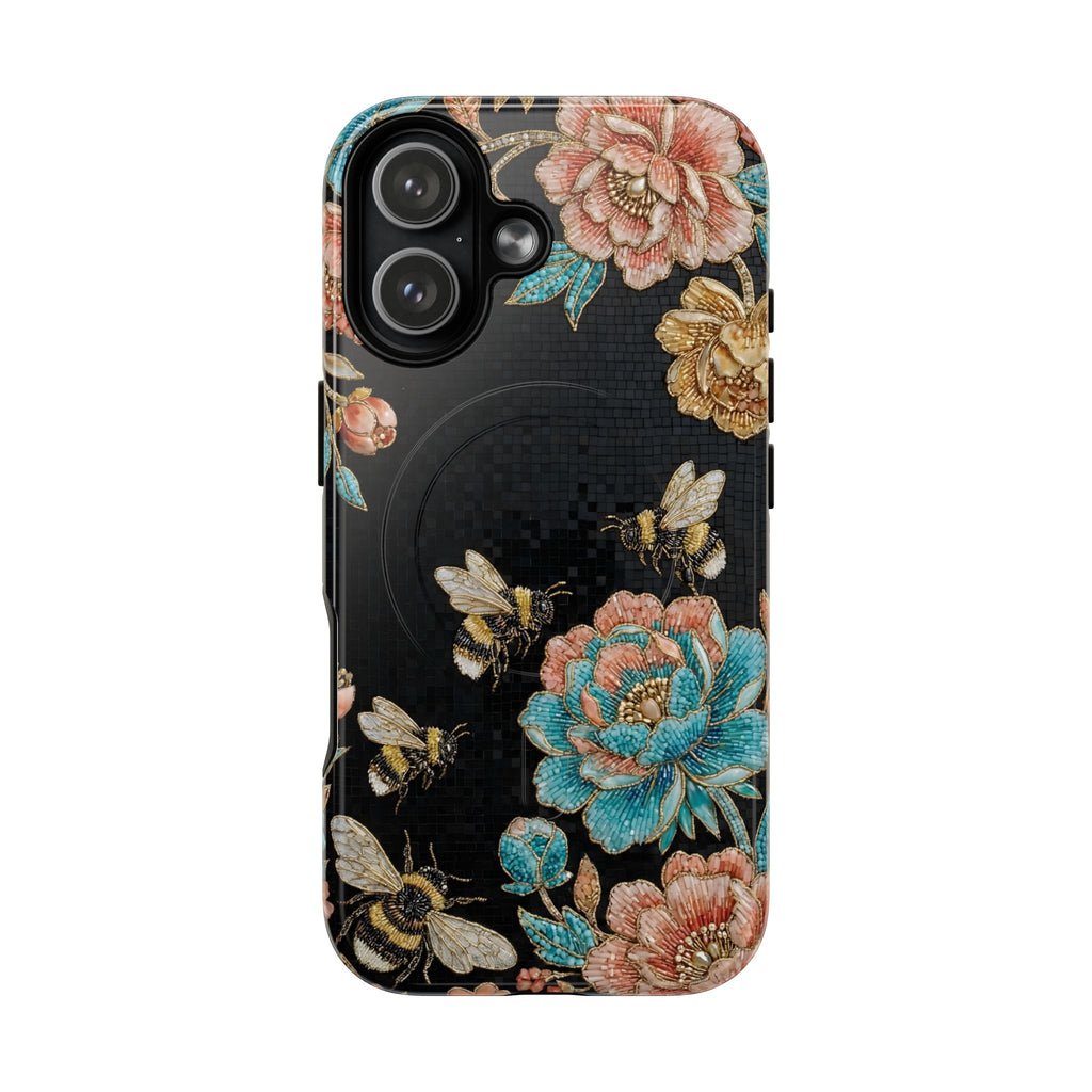 Floral Bees Tough MagSafe iPhone Case | Vintage Rose & Bumblebee Protective Cover