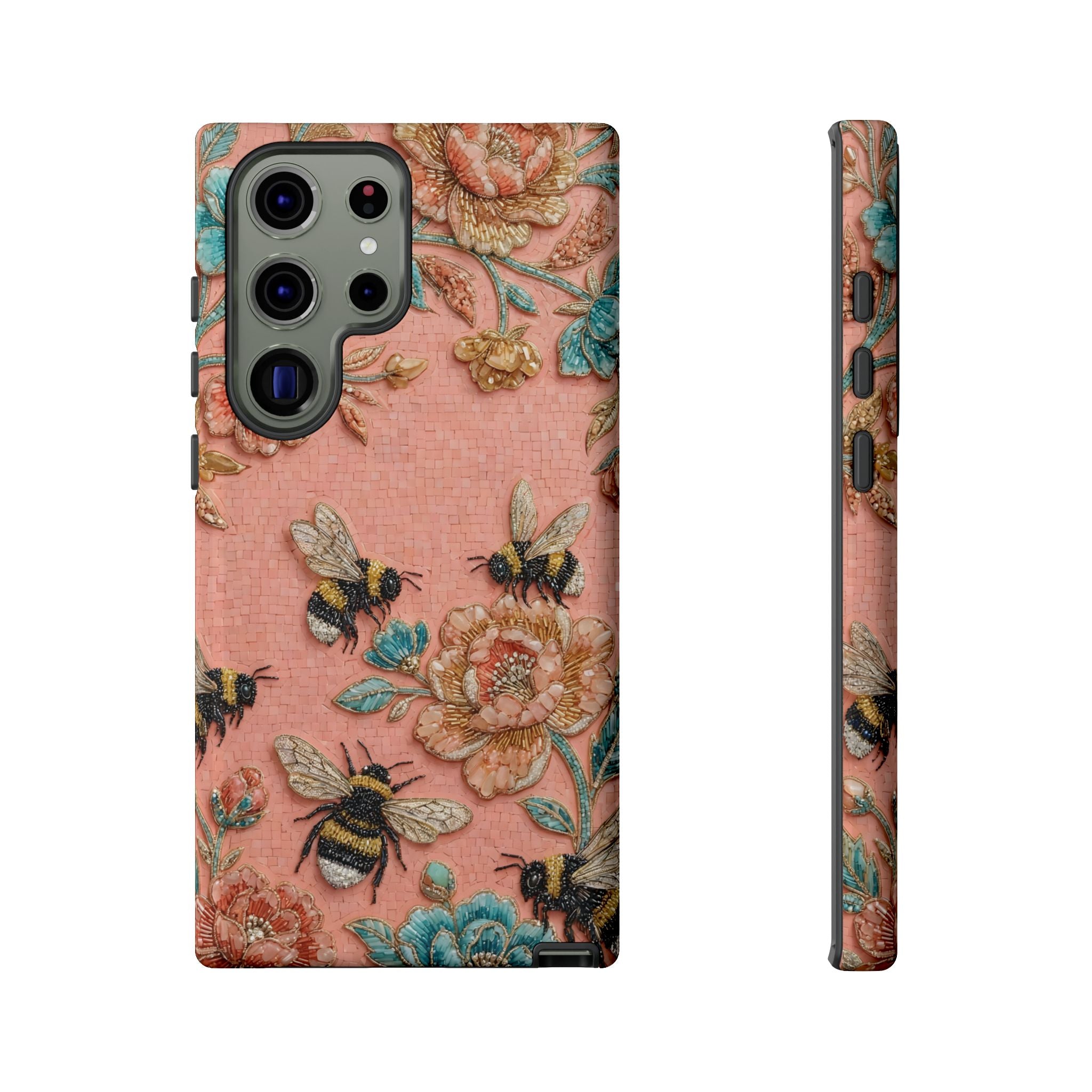 Floral Bee Tough Samsung Galaxy Phone Case | Vintage Pink Garden Protective Cover