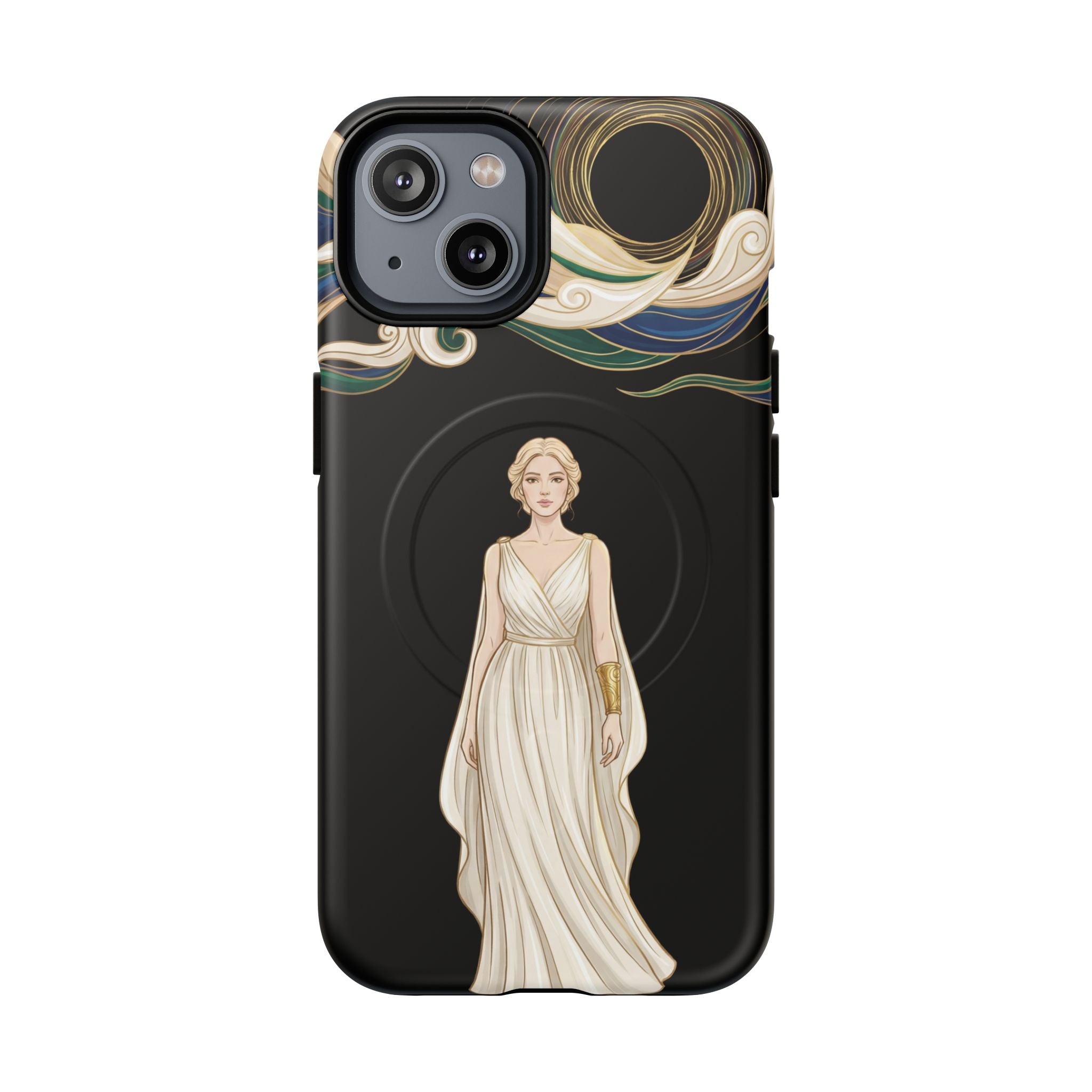Art Nouveau Goddess MagSafe iPhone Case | Elegant Woman Illustration on Black