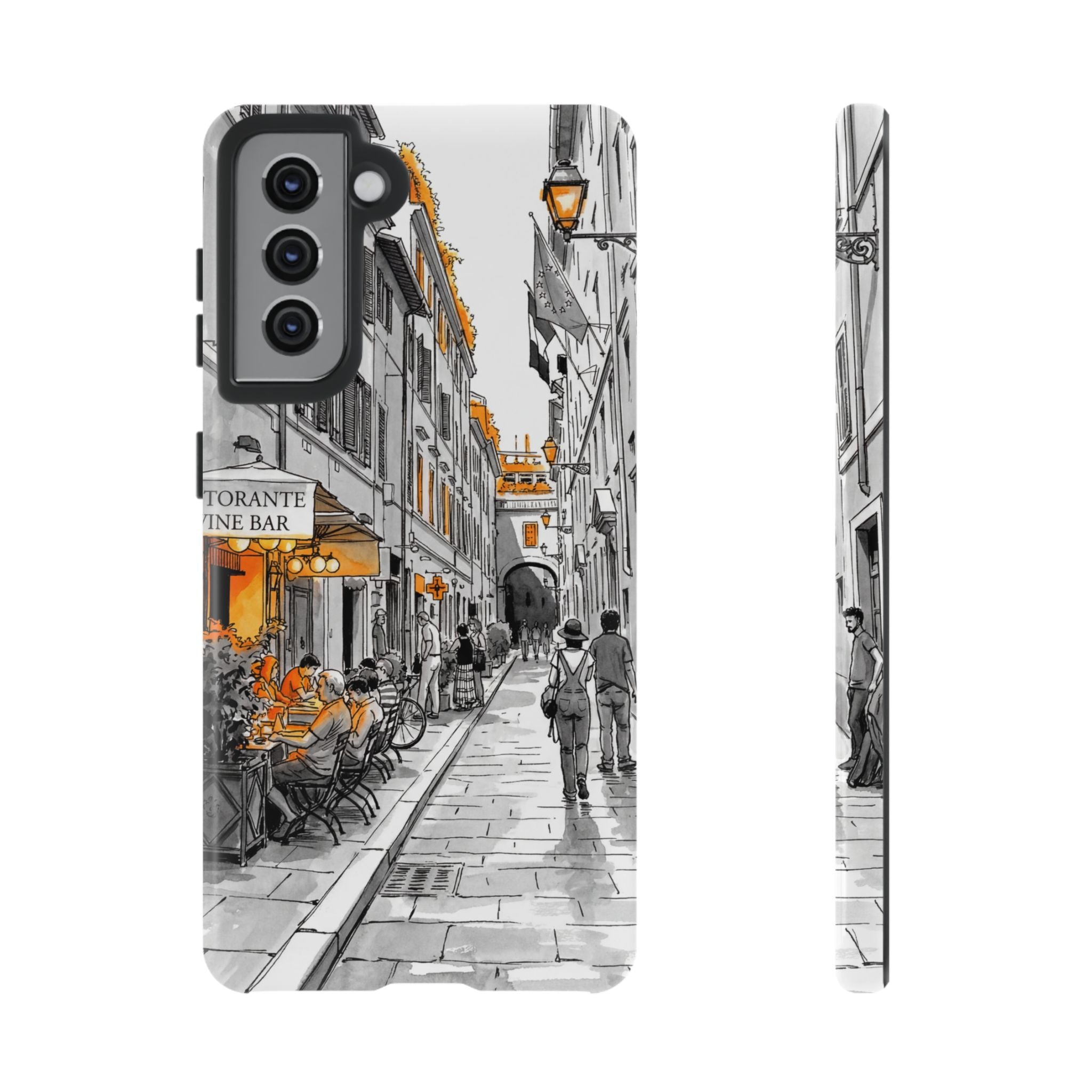 Italy Street Samsung Galaxy Case | Black & White Cityscape with Orange Accents