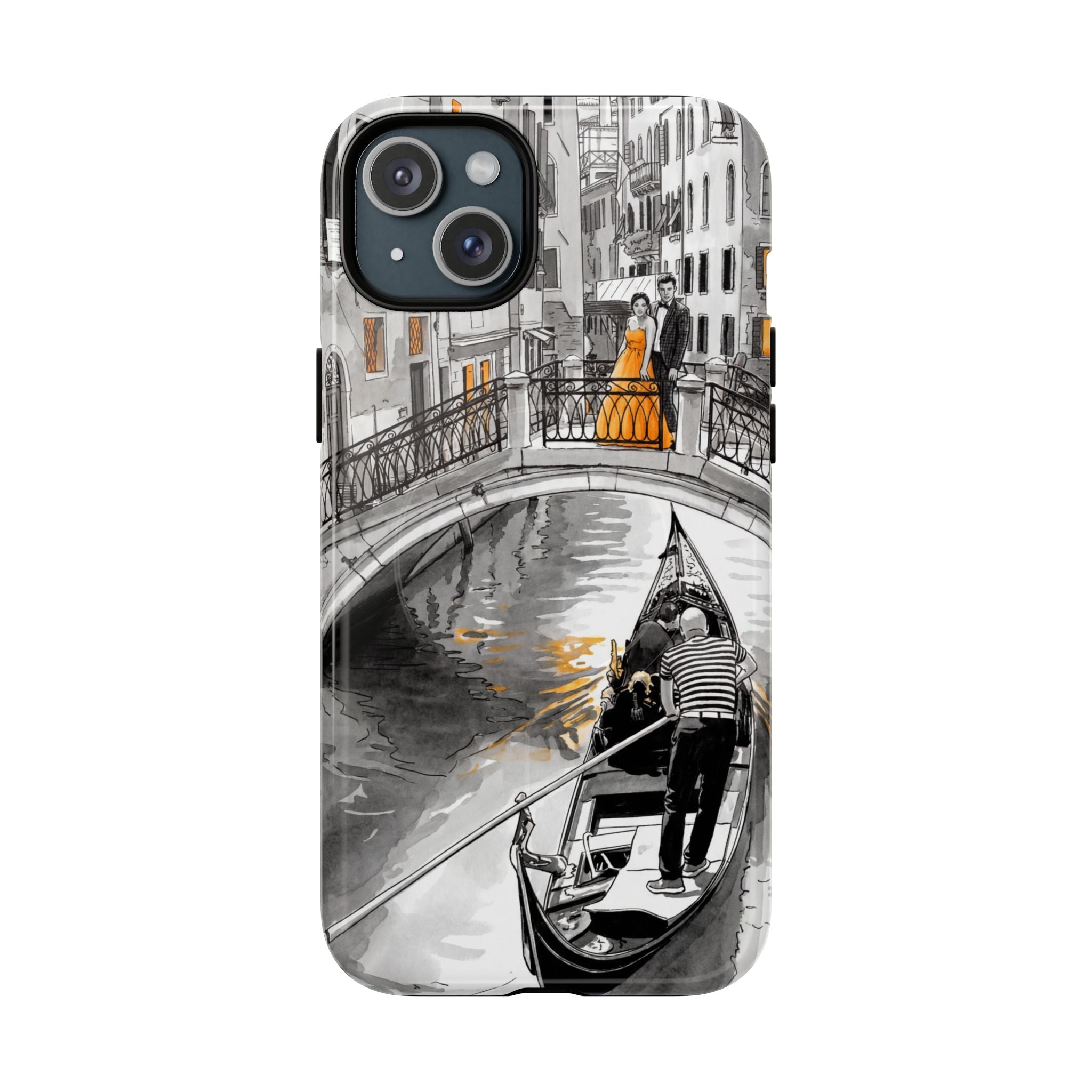 Custodia per iPhone Gondola di Venezia | Custodia MagSafe resistente con motivo schizzo in bianco e nero e dettagli dorati