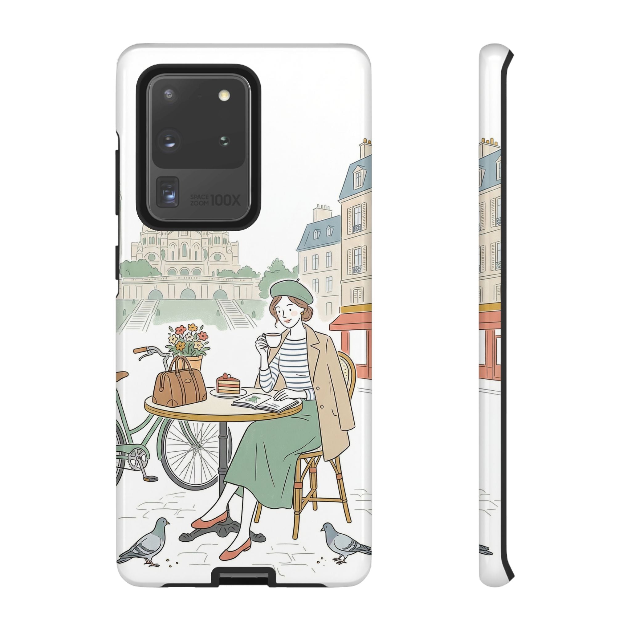 Paris Cafe Illustration Samsung Galaxy Phone Case | Vintage Bicycles & Pigeons Protective Cover