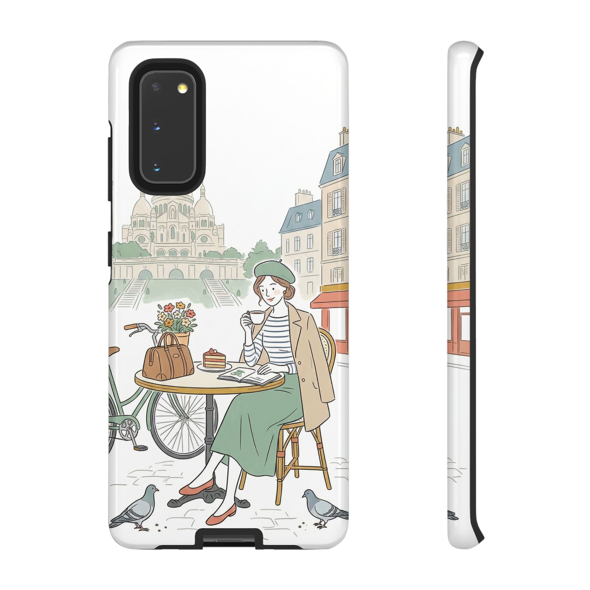Paris Cafe Illustration Samsung Galaxy Phone Case | Vintage Bicycles & Pigeons Protective Cover