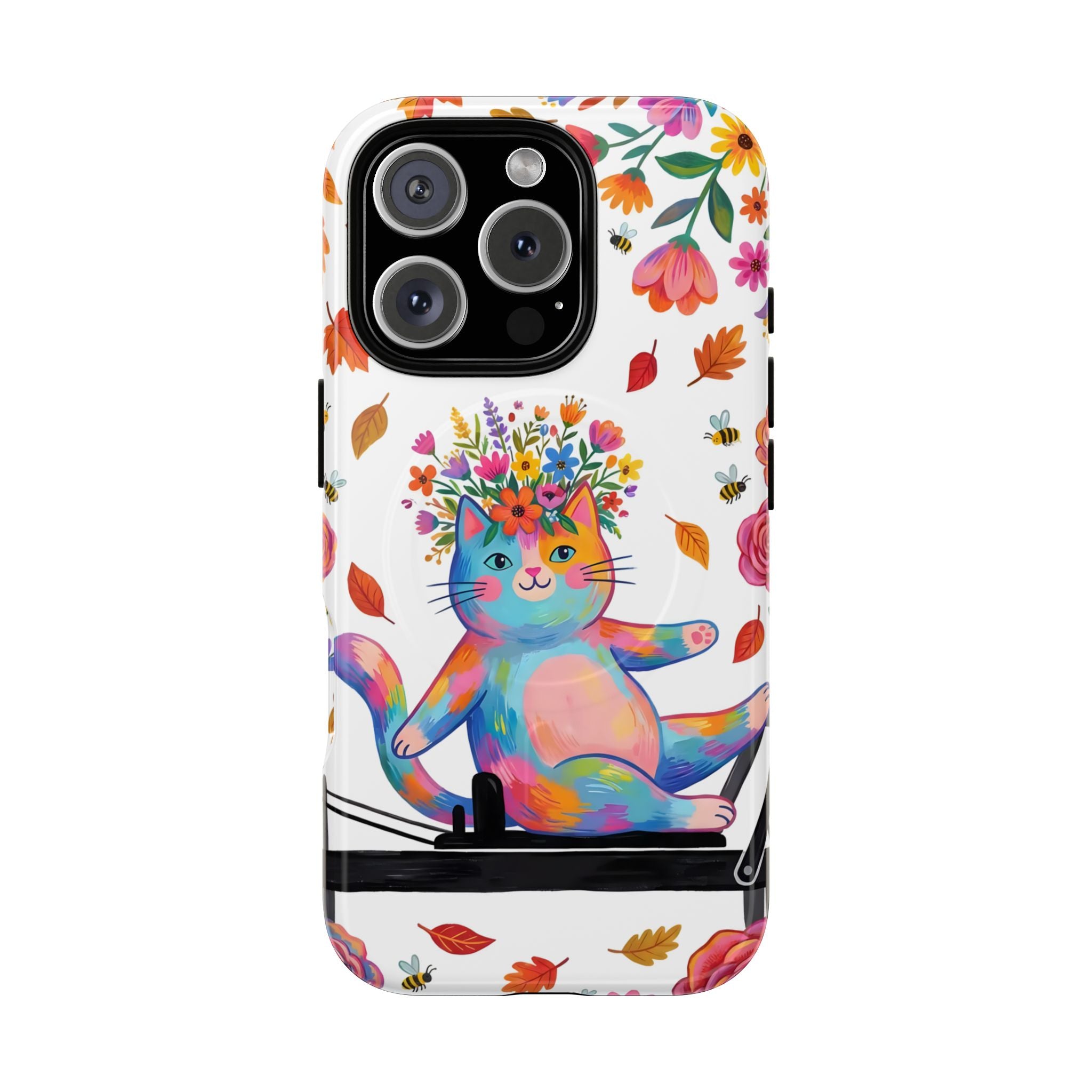 Colorful Floral Cat on Pilates Reformer Protective MagSafe iPhone Case