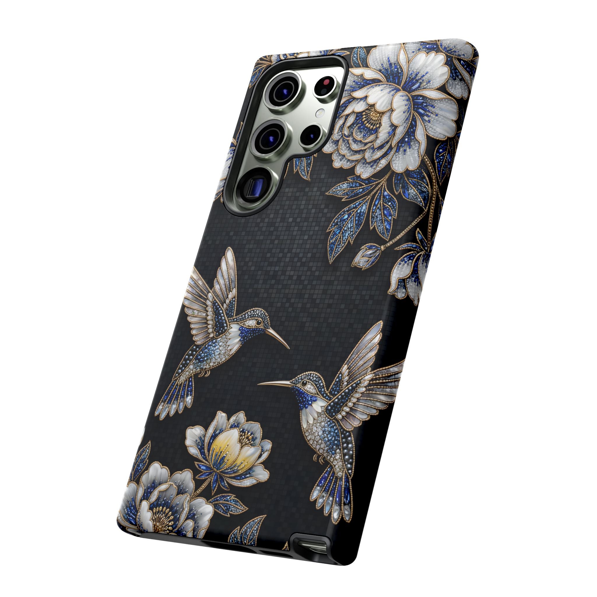 Hummingbird & Peony Floral Samsung Galaxy Phone Case | Elegant Black Protective Cover