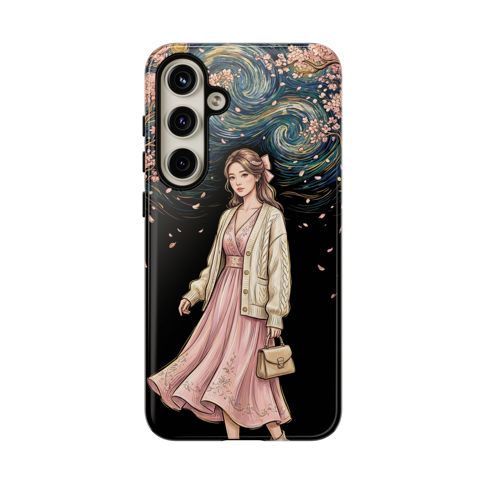 Floral Starry Night Samsung Galaxy Phone Case | Elegant Girl in Pink Dress