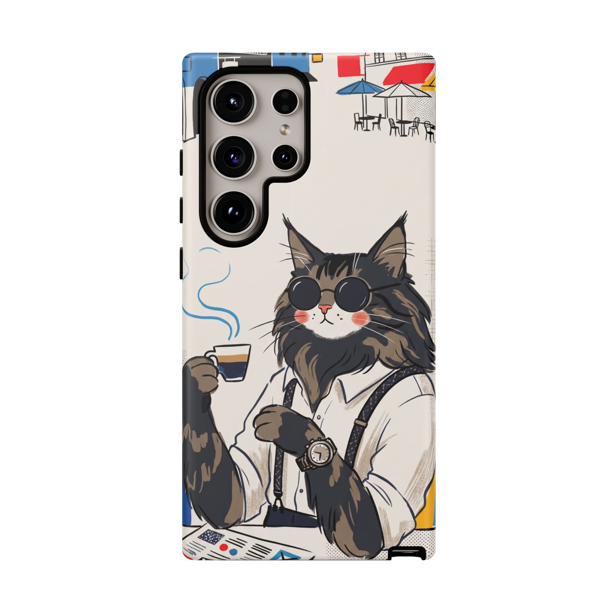 Cat Barista Samsung Galaxy Phone Case | Cool Cat in Sunglasses Coffee Shop Design