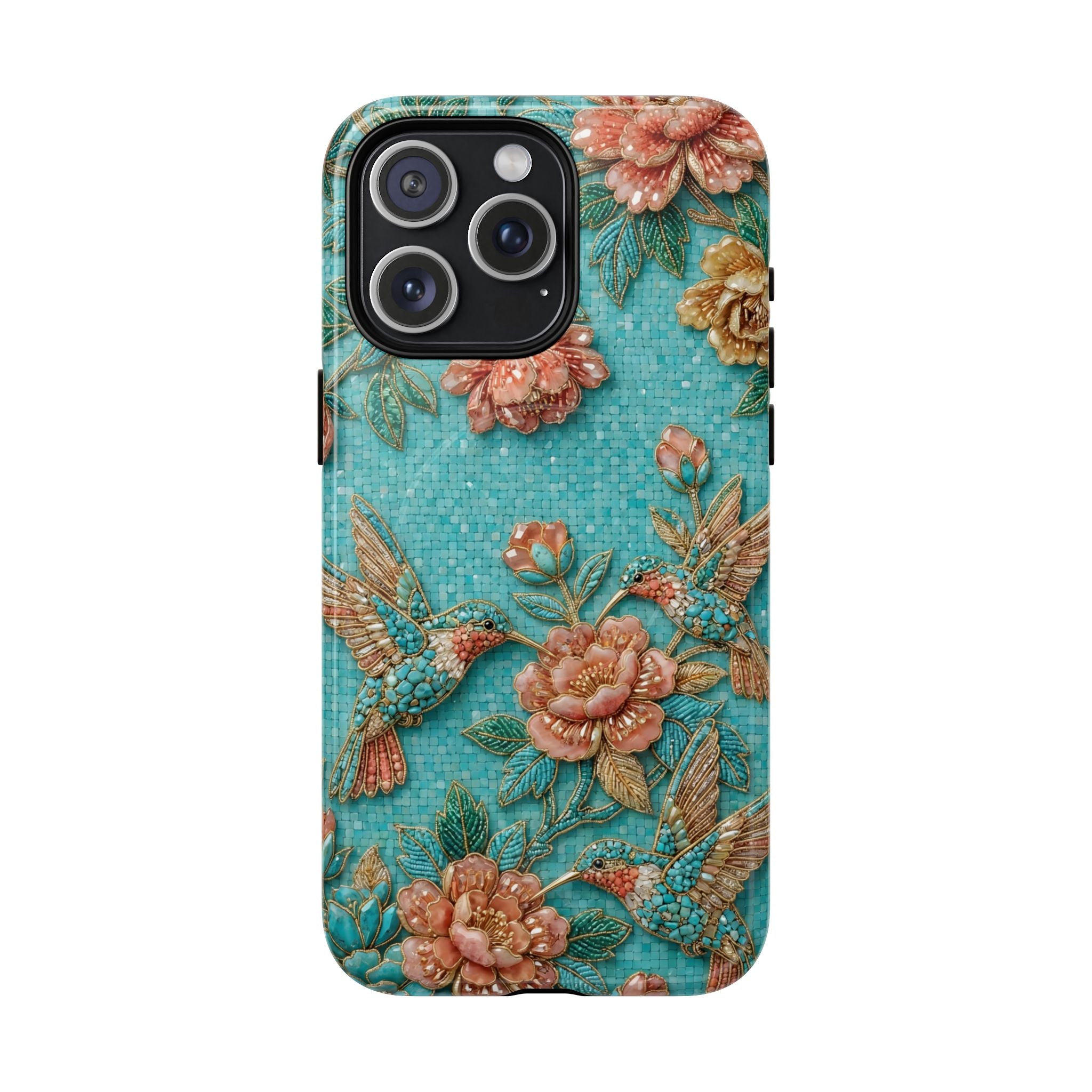 Floral Hummingbird Tough MagSafe iPhone Case | Turquoise Embroidered Garden Design