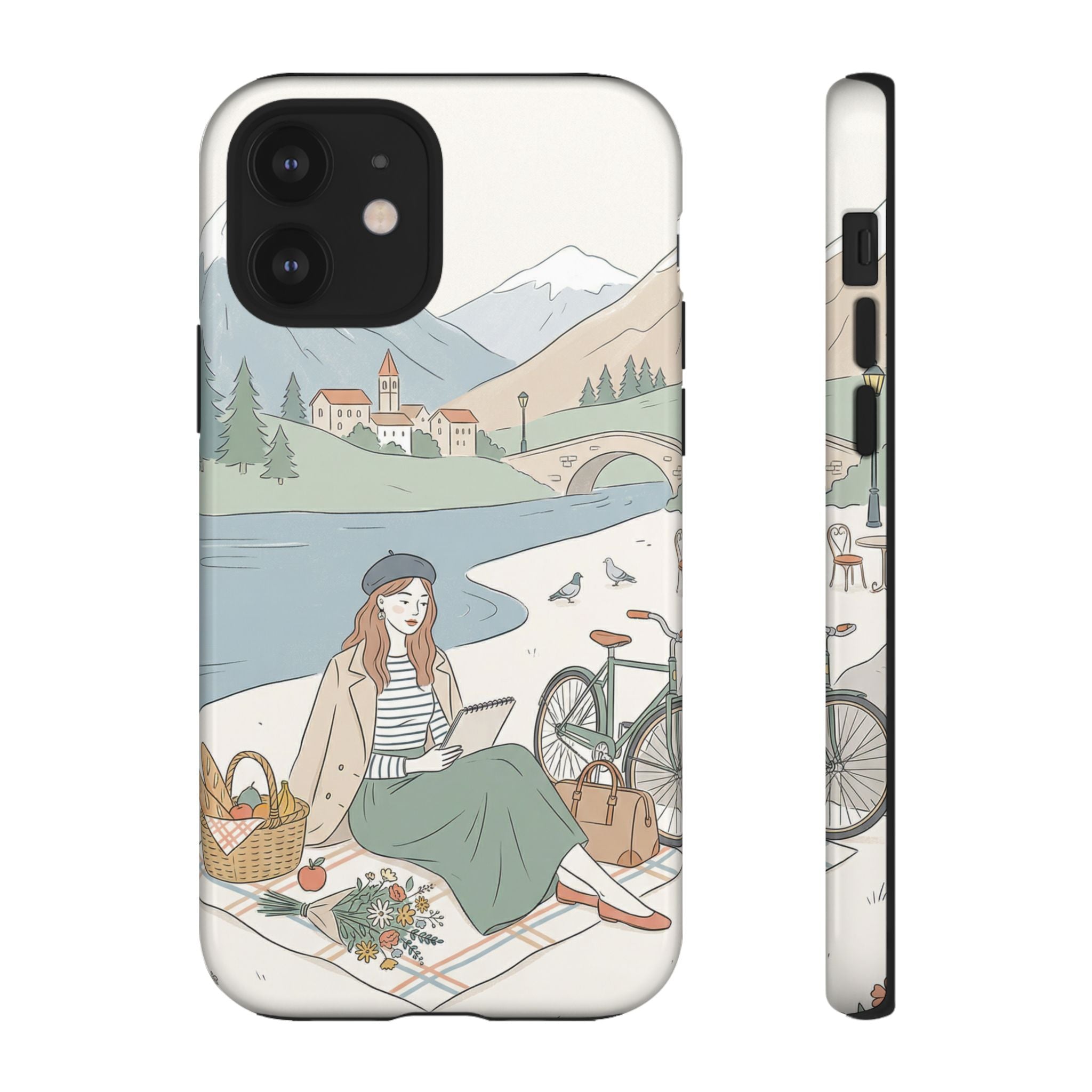 Scenic Picnic iPhone Case | Vintage Bicycle & Mountain Illustration