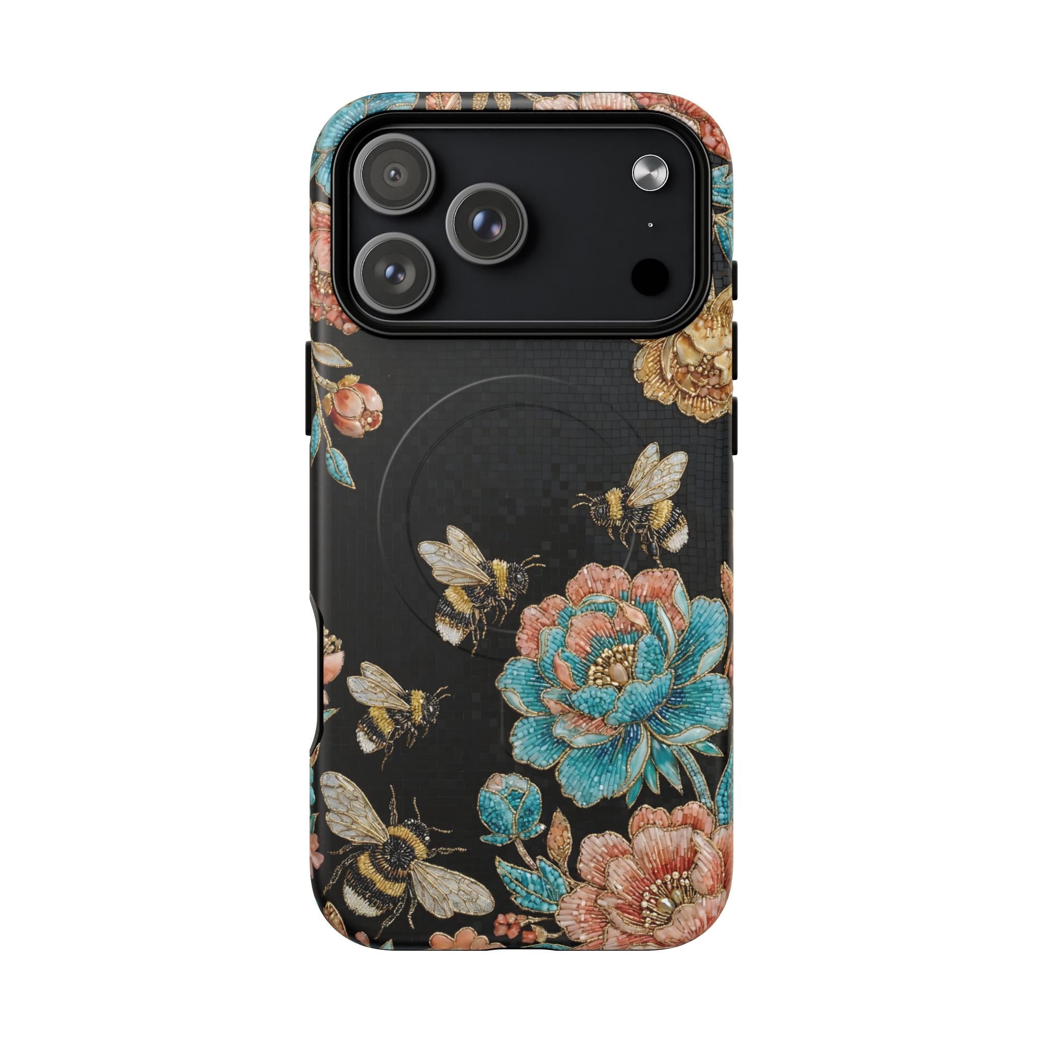 Floral Bees Tough MagSafe iPhone Case | Vintage Rose & Bumblebee Protective Cover
