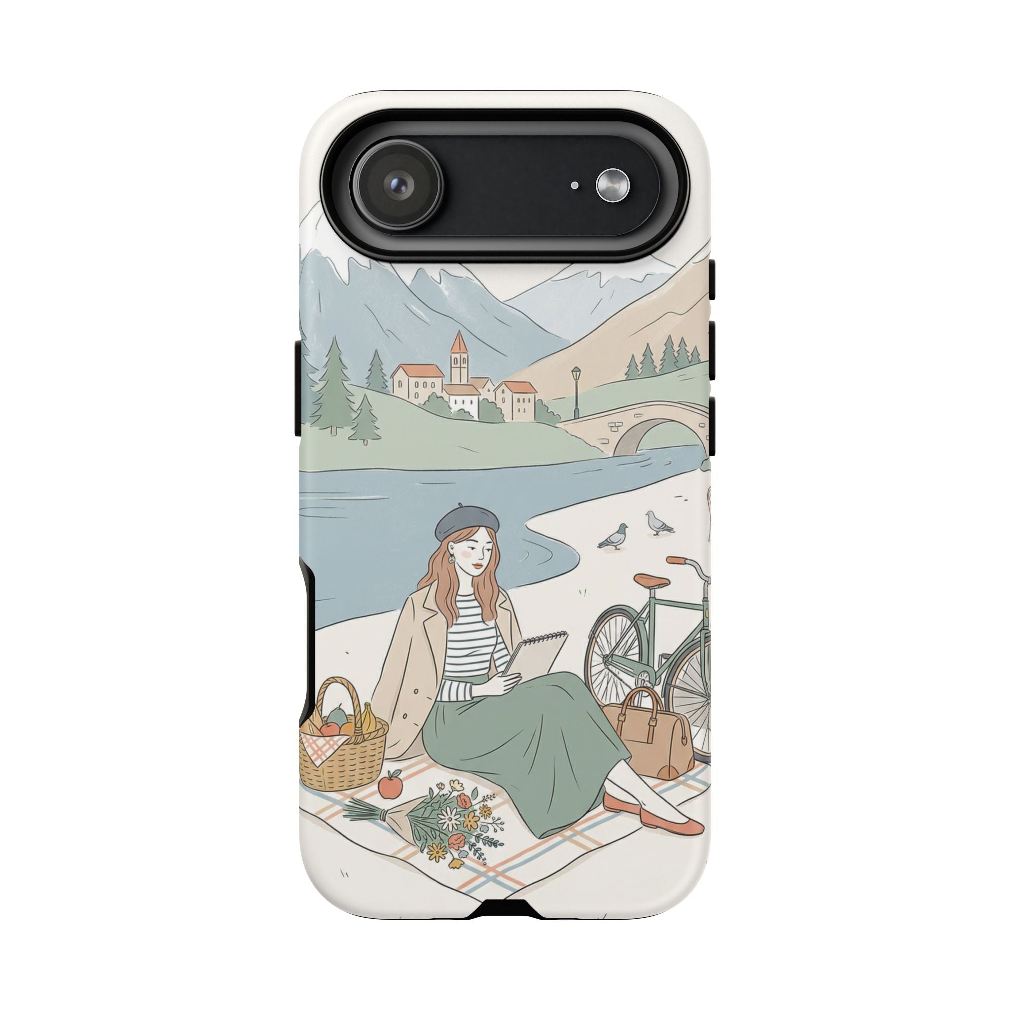 Scenic Picnic iPhone Case | Vintage Bicycle & Mountain Illustration