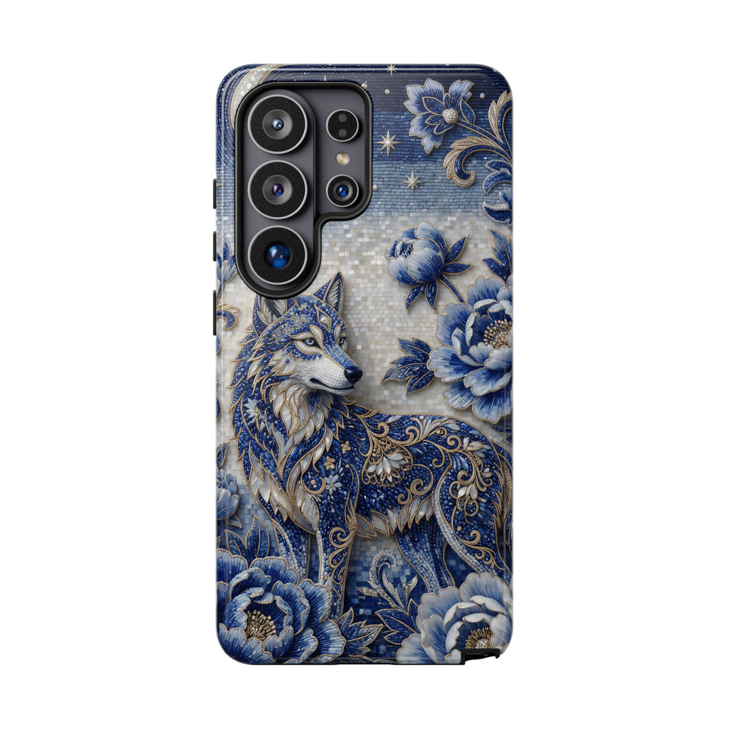 Blue Floral Wolf Tough Samsung Galaxy Phone Case | Moonlit Wolf Protective Cover
