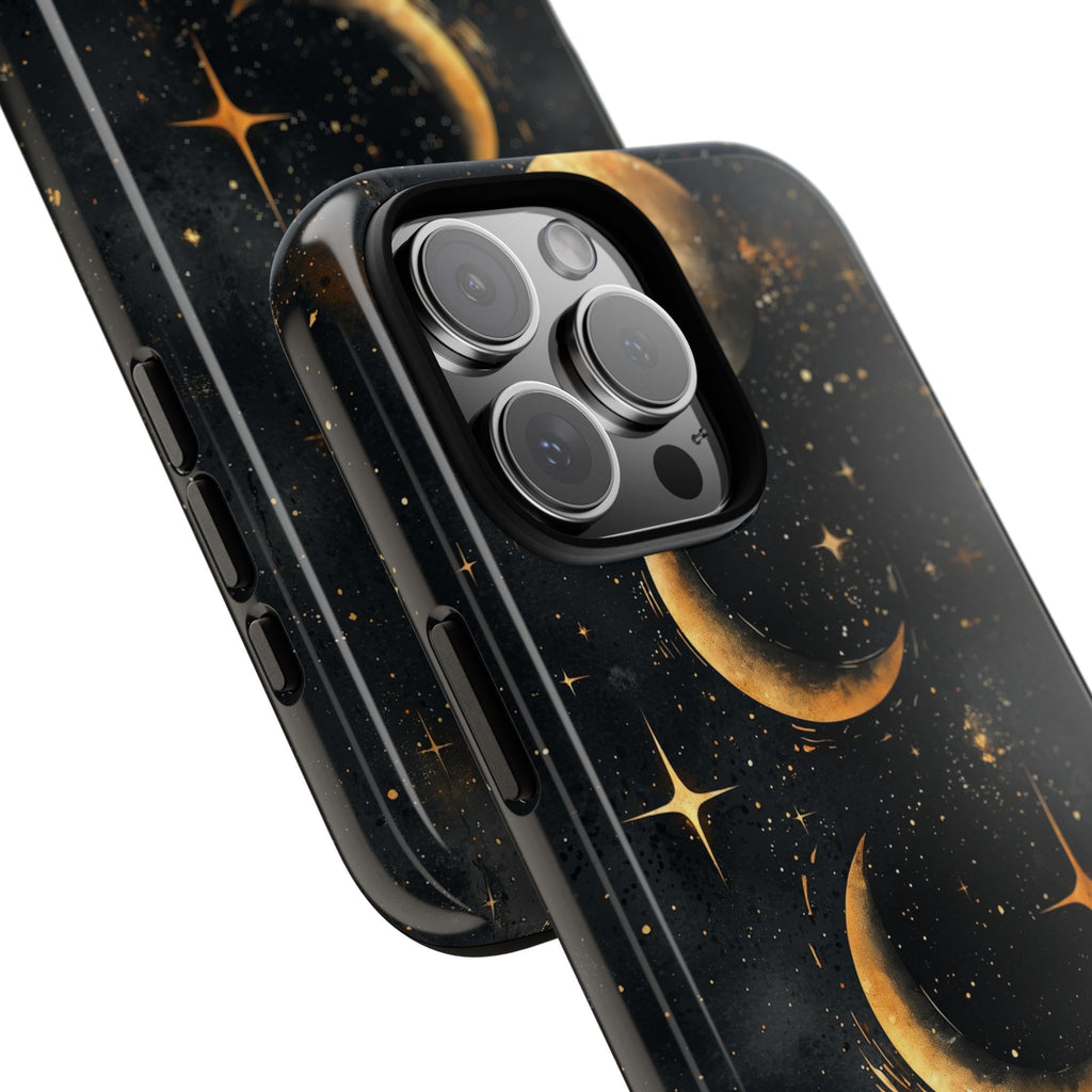 Celestial Moon Phases Tough iPhone Case | Gold Crescent & Full Moon Galaxy Design