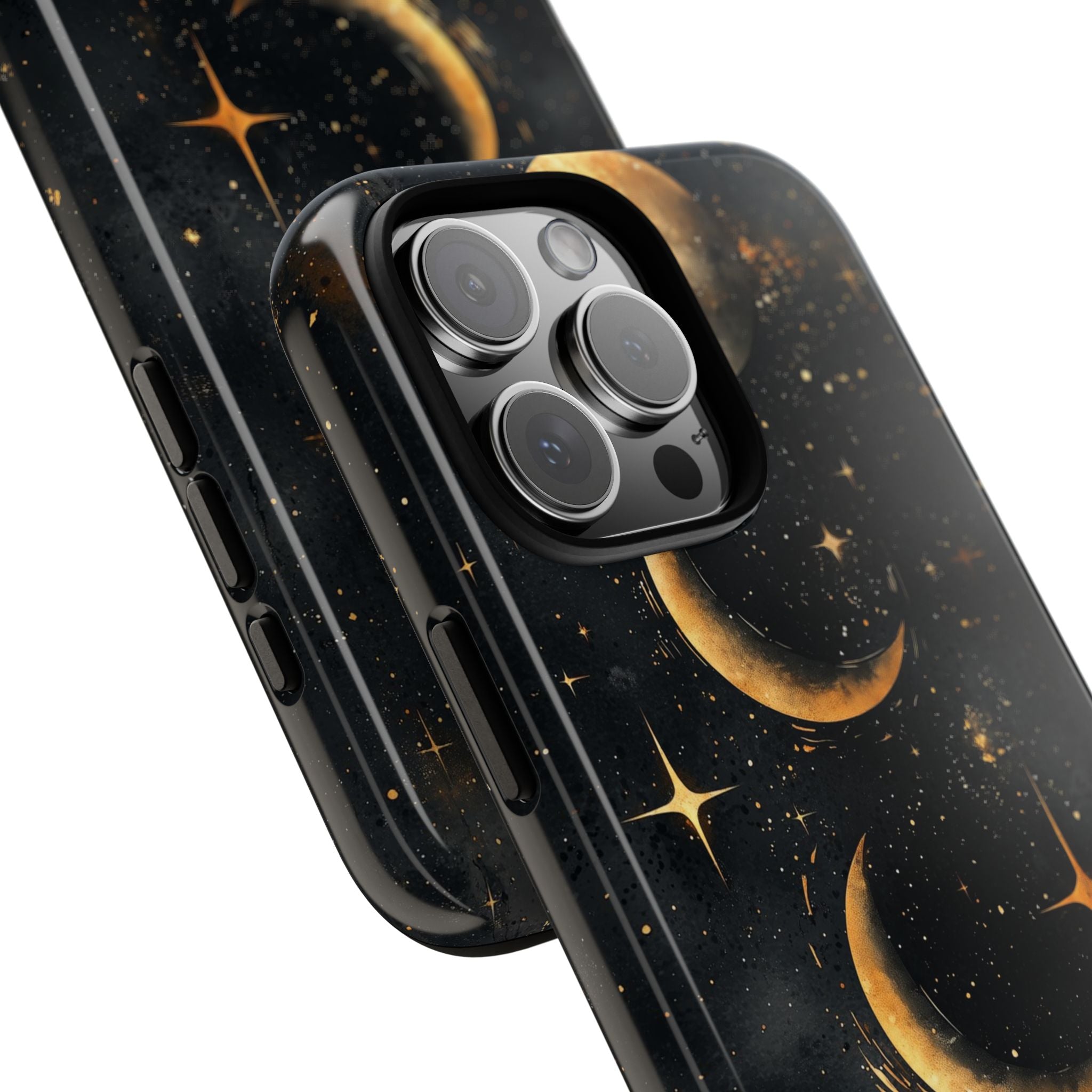 Celestial Moon Phases Tough iPhone Case | Gold Crescent & Full Moon Galaxy Design