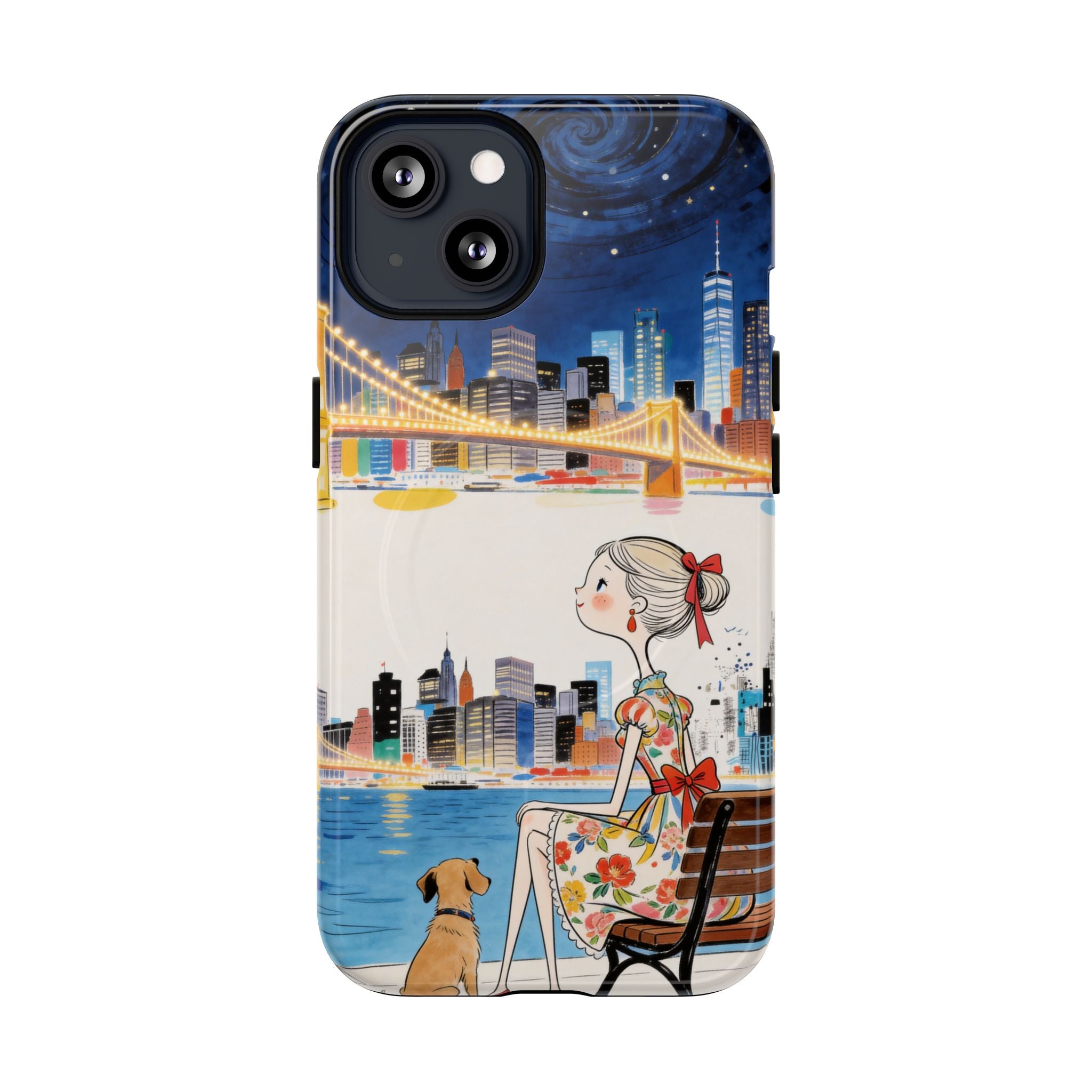 City Night MagSafe iPhone Case | Cute Girl & Dog Bench Illustration