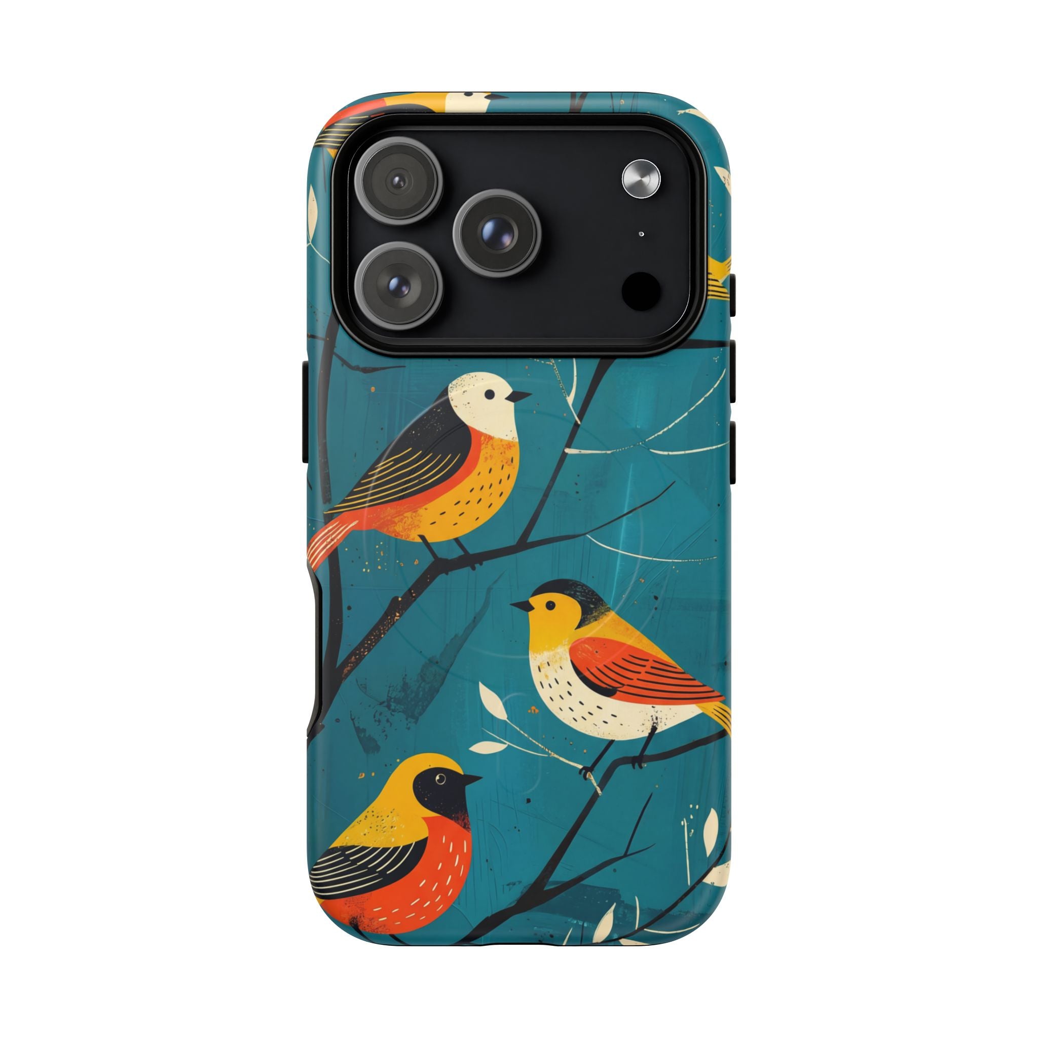 Bird Pattern Tough MagSafe iPhone Case | Colourful Songbirds on Teal Background