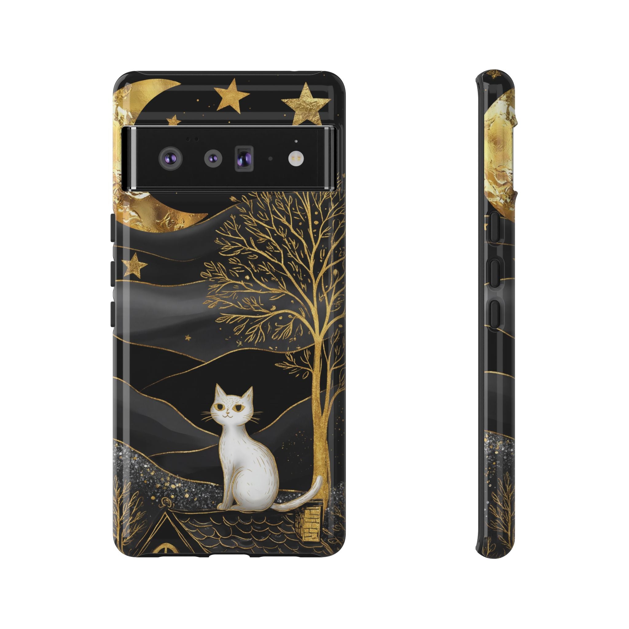 Mystic Night Cat Google Pixel Case | Gold Tree & Stars Tough Case