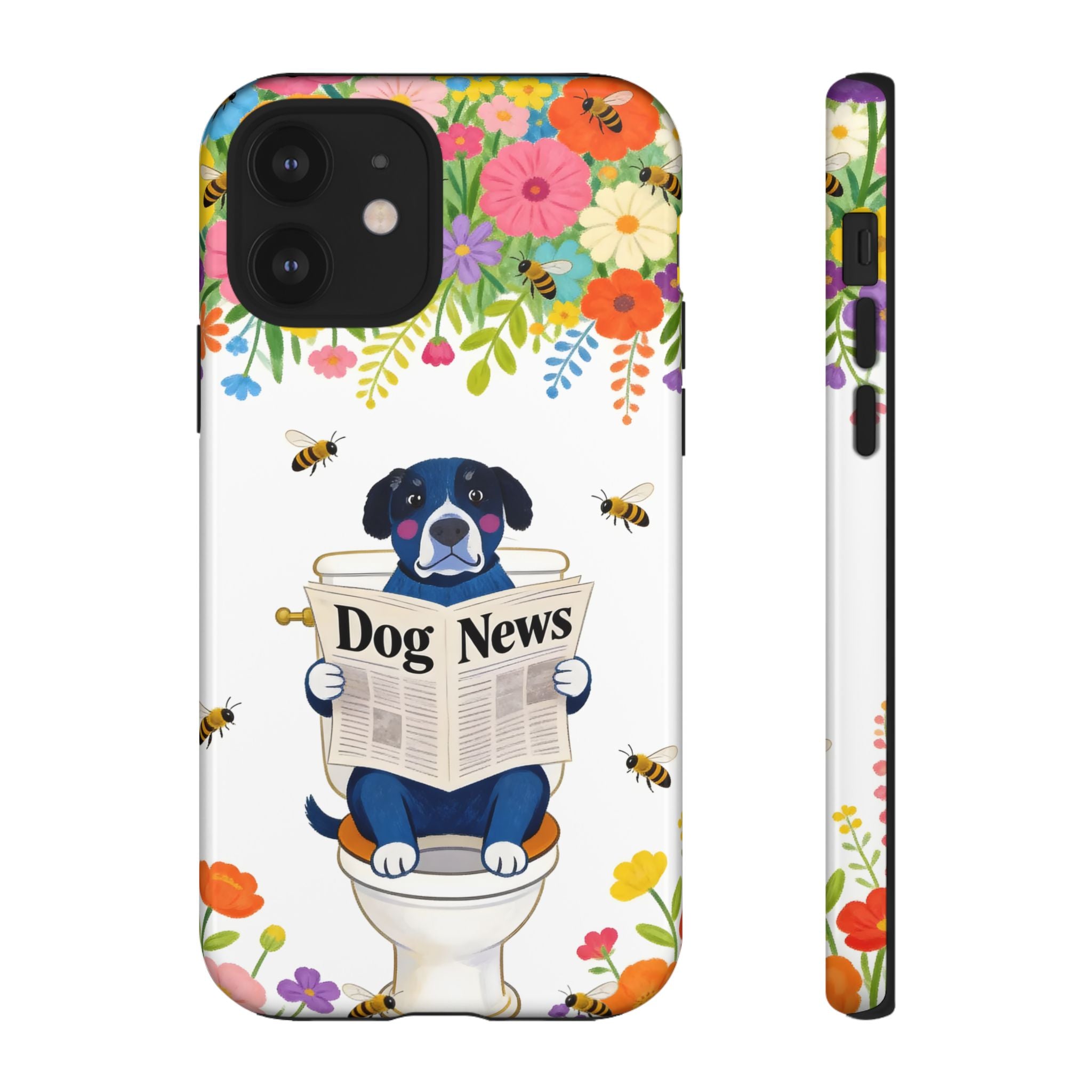 Dog News Floral iPhone Case | Cute Dog on Toilet Pattern, Spring Floral iPhone Cover