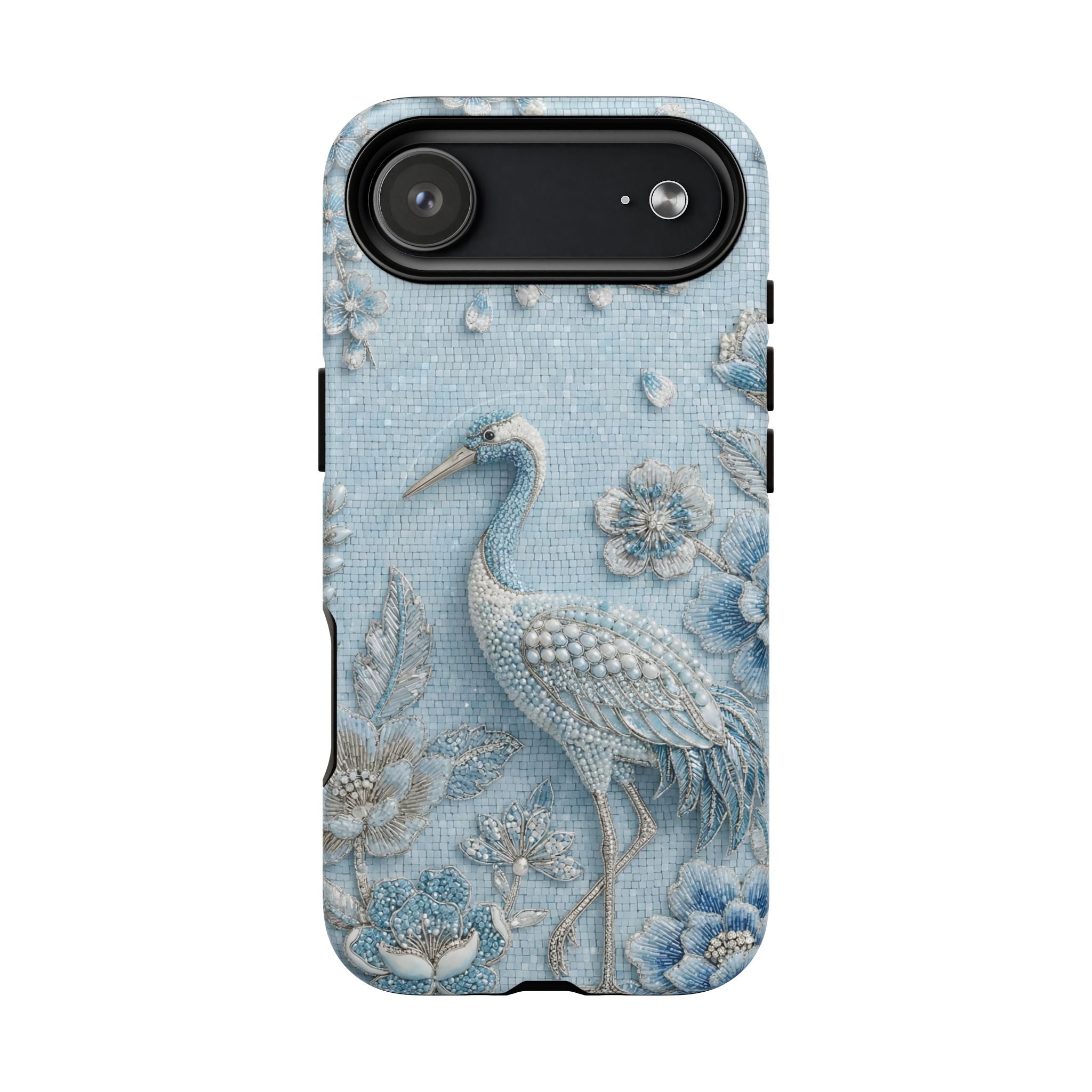 Blue Crane Floral MagSafe iPhone Case | Vintage Embossed Bird Design