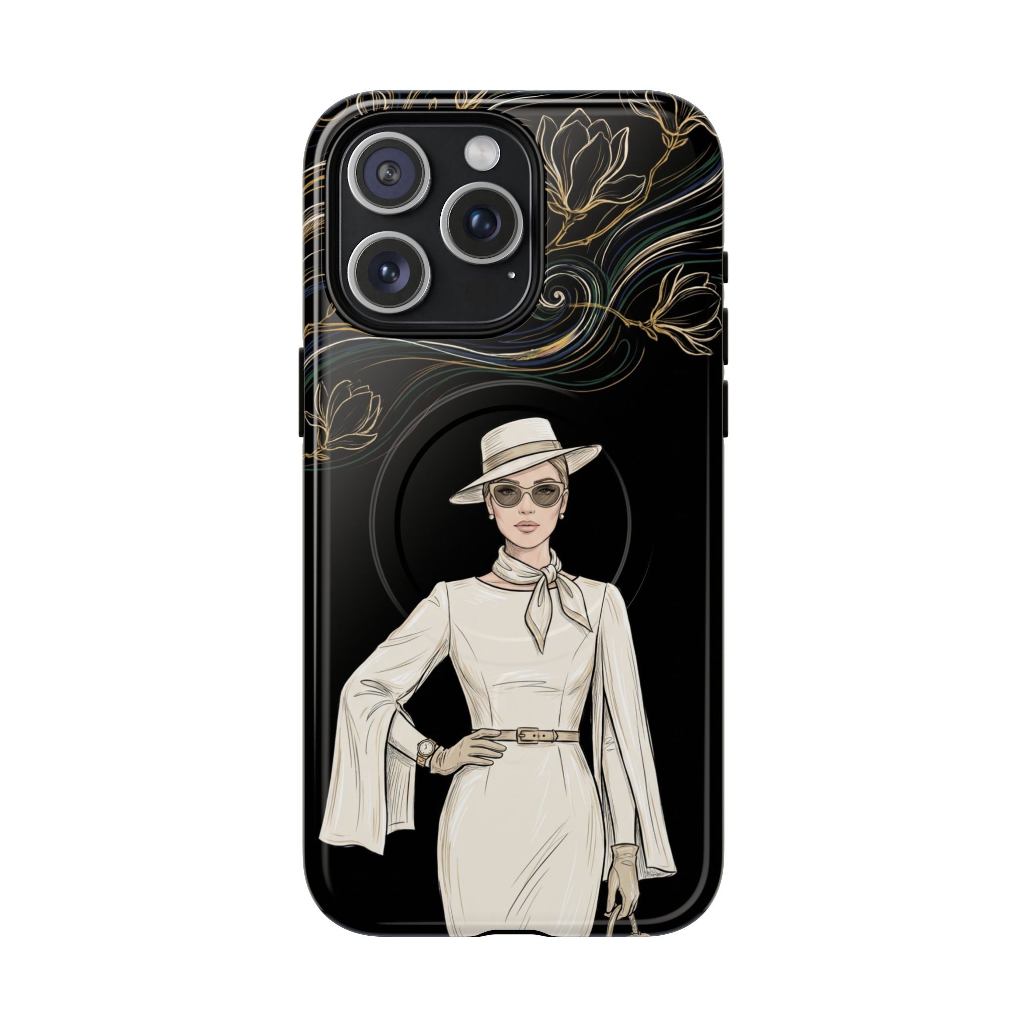 MagSafe iPhone Case | Elegant Vintage Lady with Gold Floral Swirls