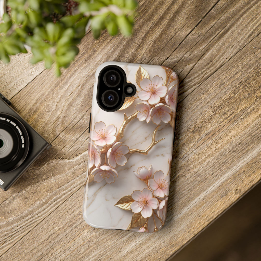 Custodia rigida per Google Pixel con motivo floreale in marmo — Custodia rigida con motivo Sakura Gold Cherry Blossom